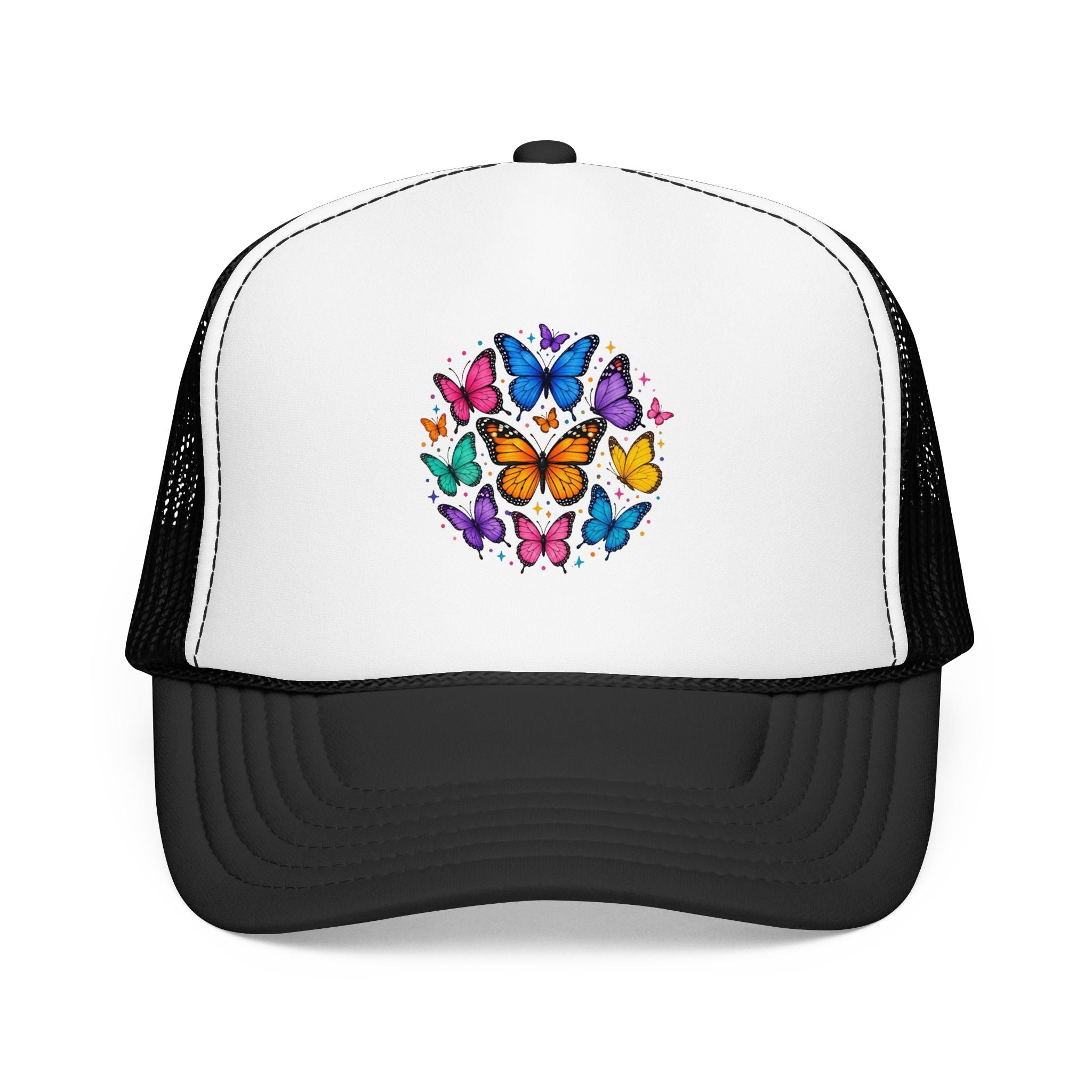 Butterfly Circle Trucker Hat featuring colorful rainbow butterflies design on a foam front.