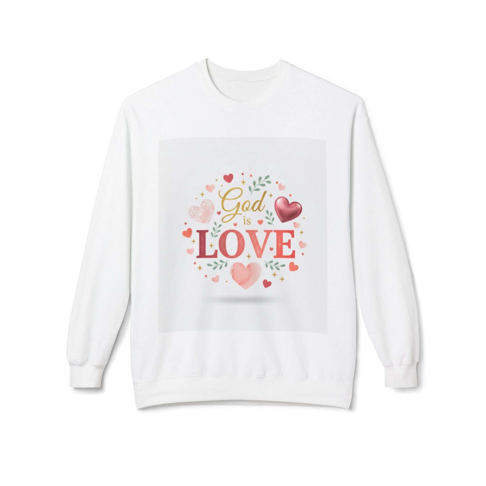 christian sweatshirt featuring a design with 'God is Love' surrounded by hearts on a white crewneck.