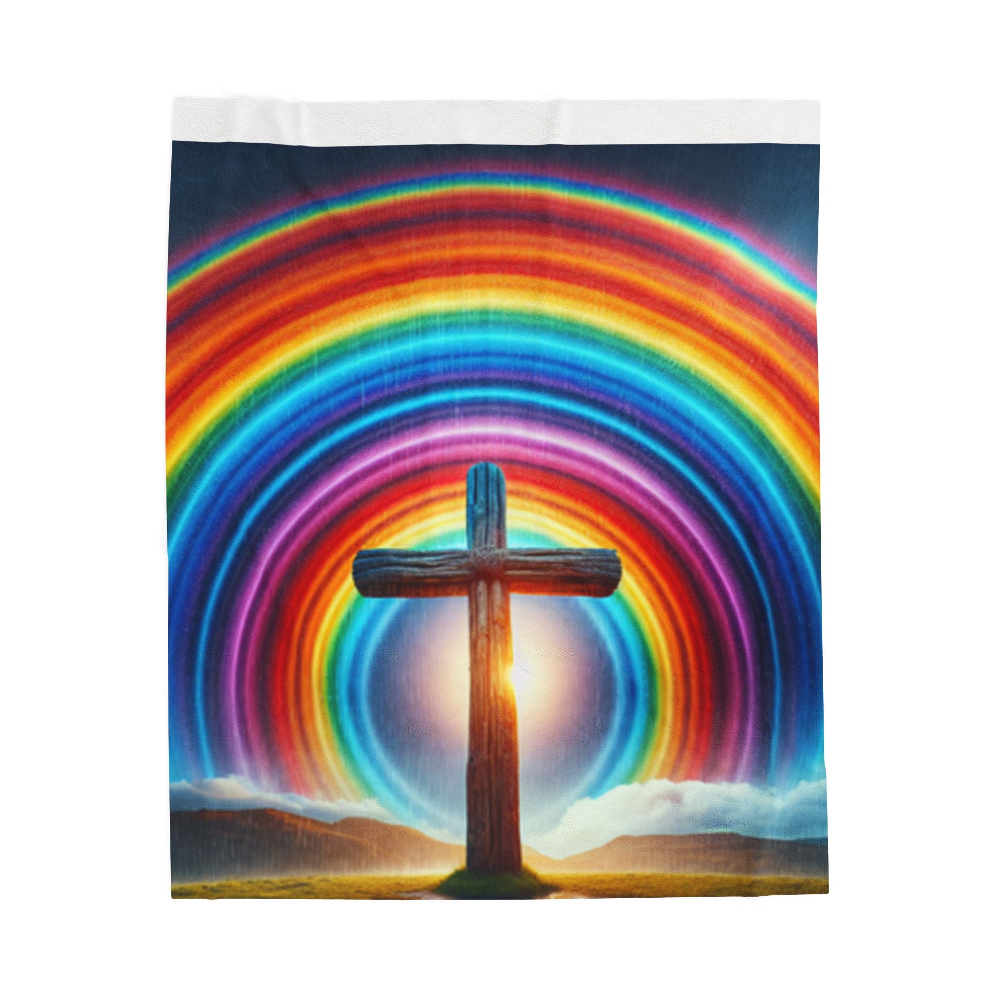 Rainbow Cross Velveteen Blanket, Colorful Throw, Faith Blanket