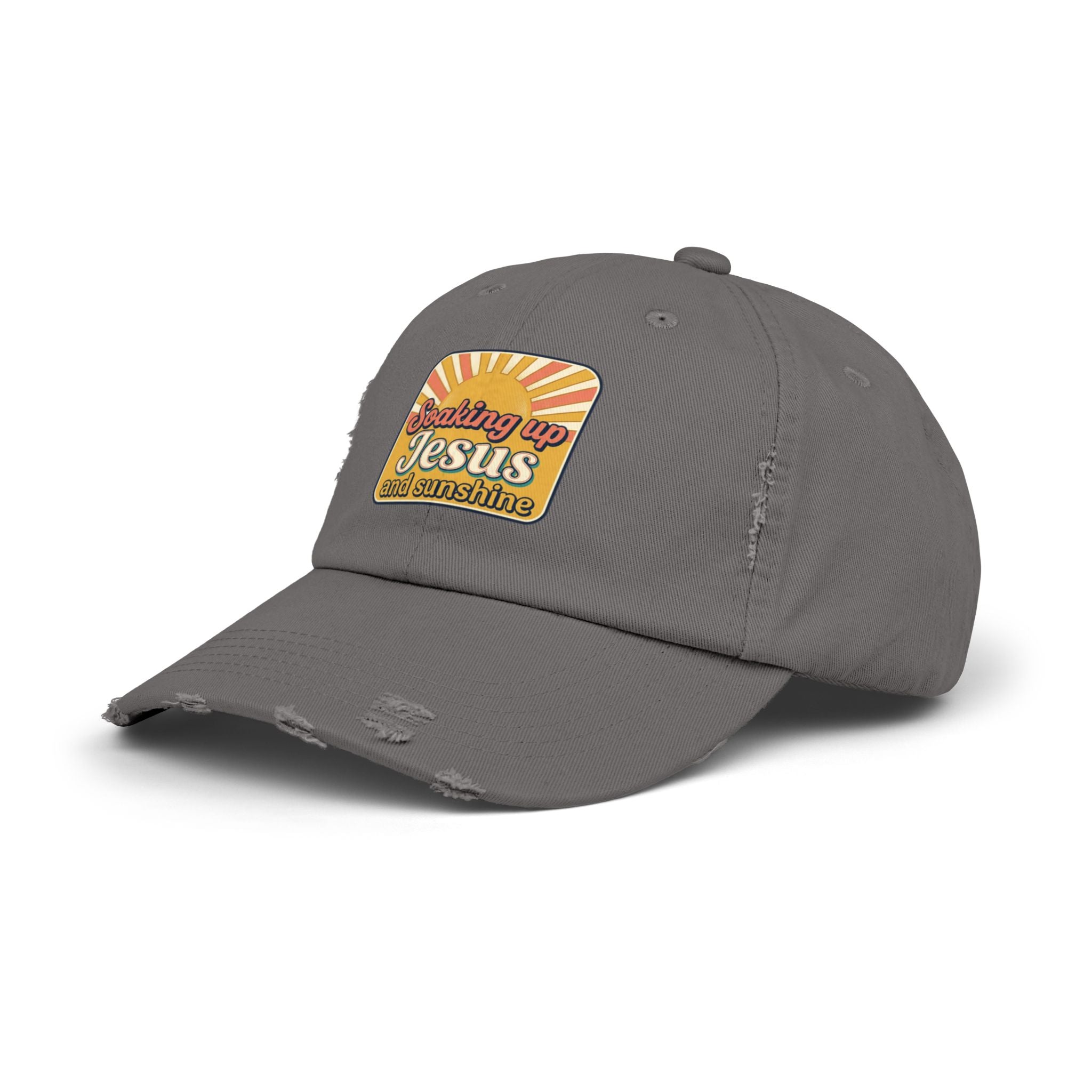 Distressed Baseball Cap — “Soaking Up Jesus and Sunshine” Retro Faith Hat
