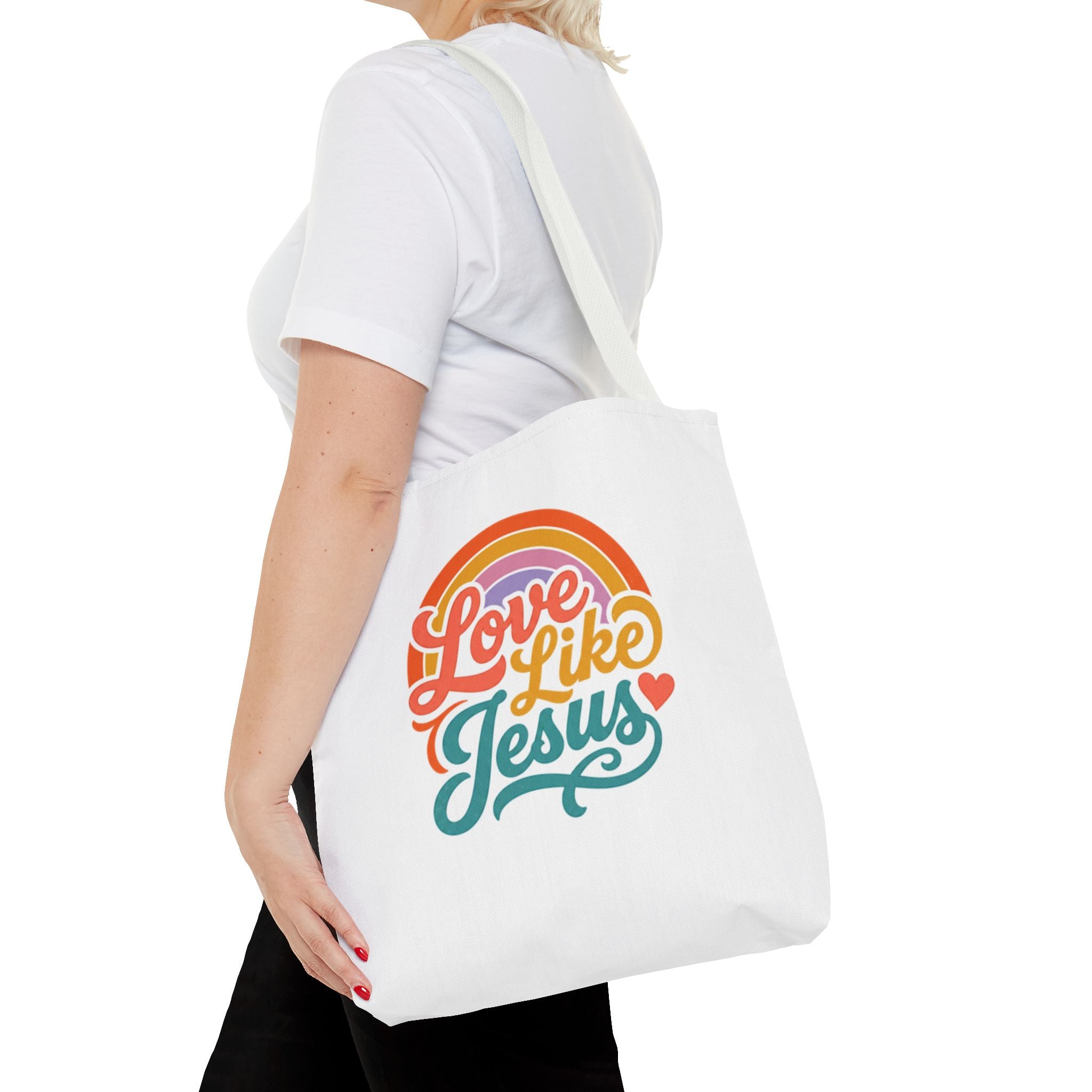 Love Like Jesus Tote Bag — Retro Rainbow Christian Canvas Tote