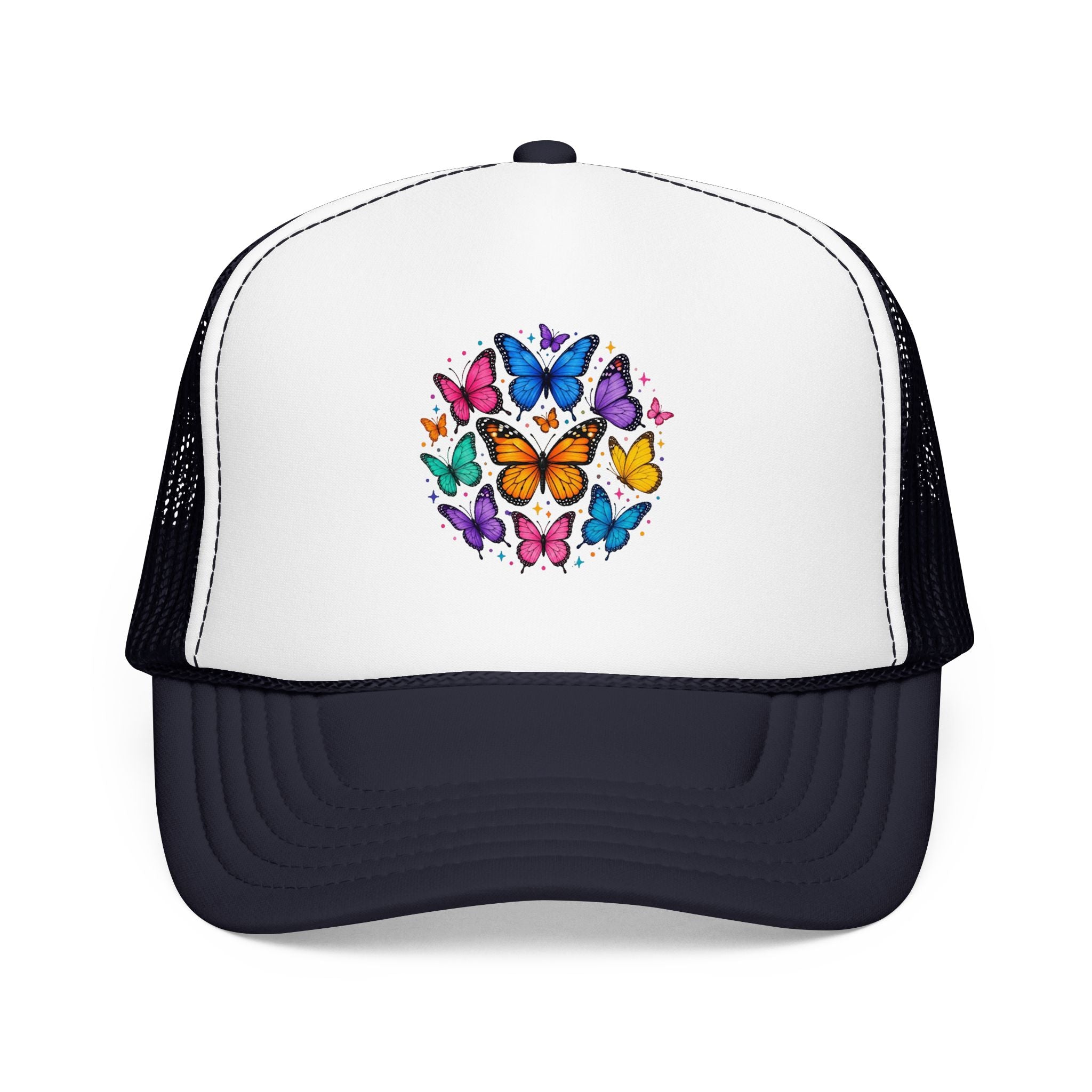 Butterfly Circle Trucker Hat featuring a colorful butterfly design on a structured foam cap.