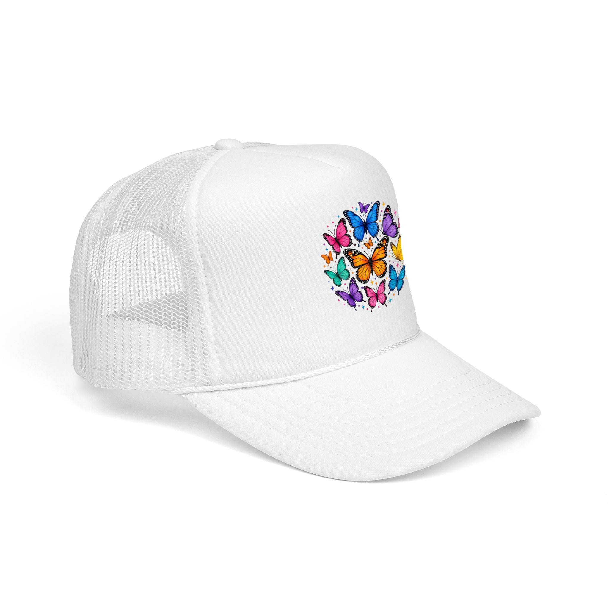 Butterfly Circle Trucker Hat featuring vibrant rainbow butterfly design on a white foam cap.