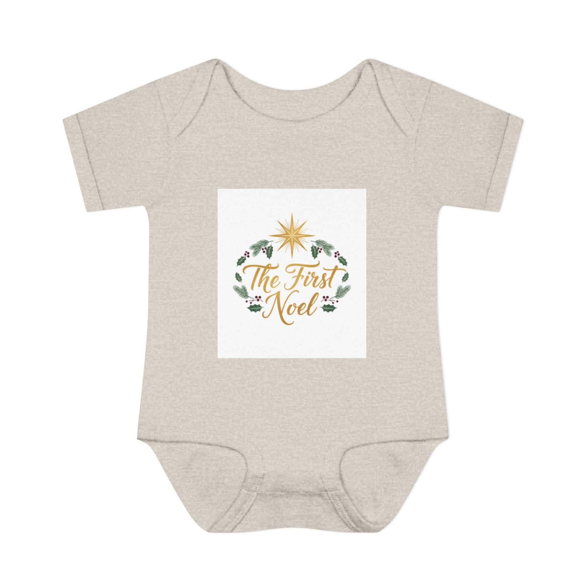 Infant bodysuit Christmas baby onesie with "The First Noel" design and lap-shoulder neckline