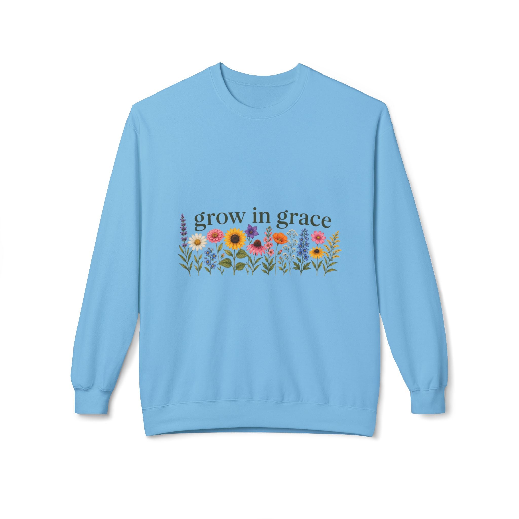 Grow In Grace Flowers Sweatshirt in light blue featuring floral artwork across the chest.