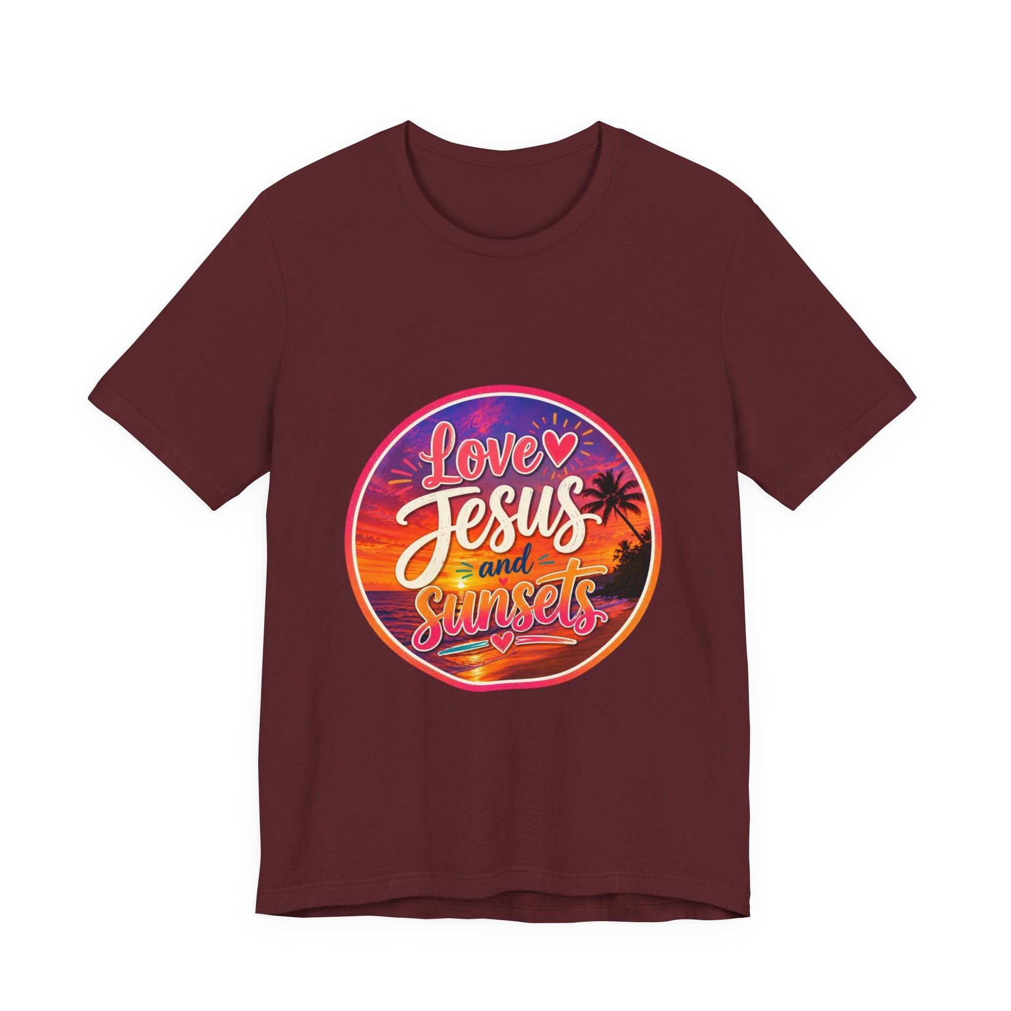 Christian Faith Palm Tree Sunset T-Shirt featuring a vibrant print that says 'Love Jesus and Sunsets'.