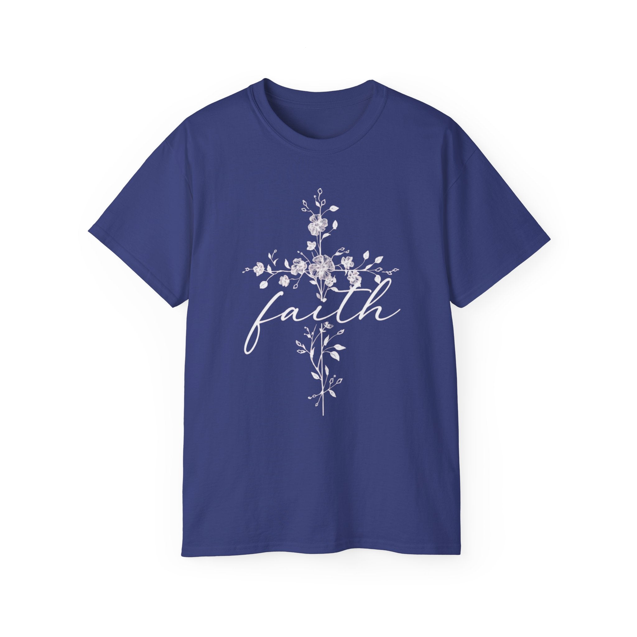 Faith Floral Cross T-Shirt for Women featuring a floral cross design on a navy blue background.