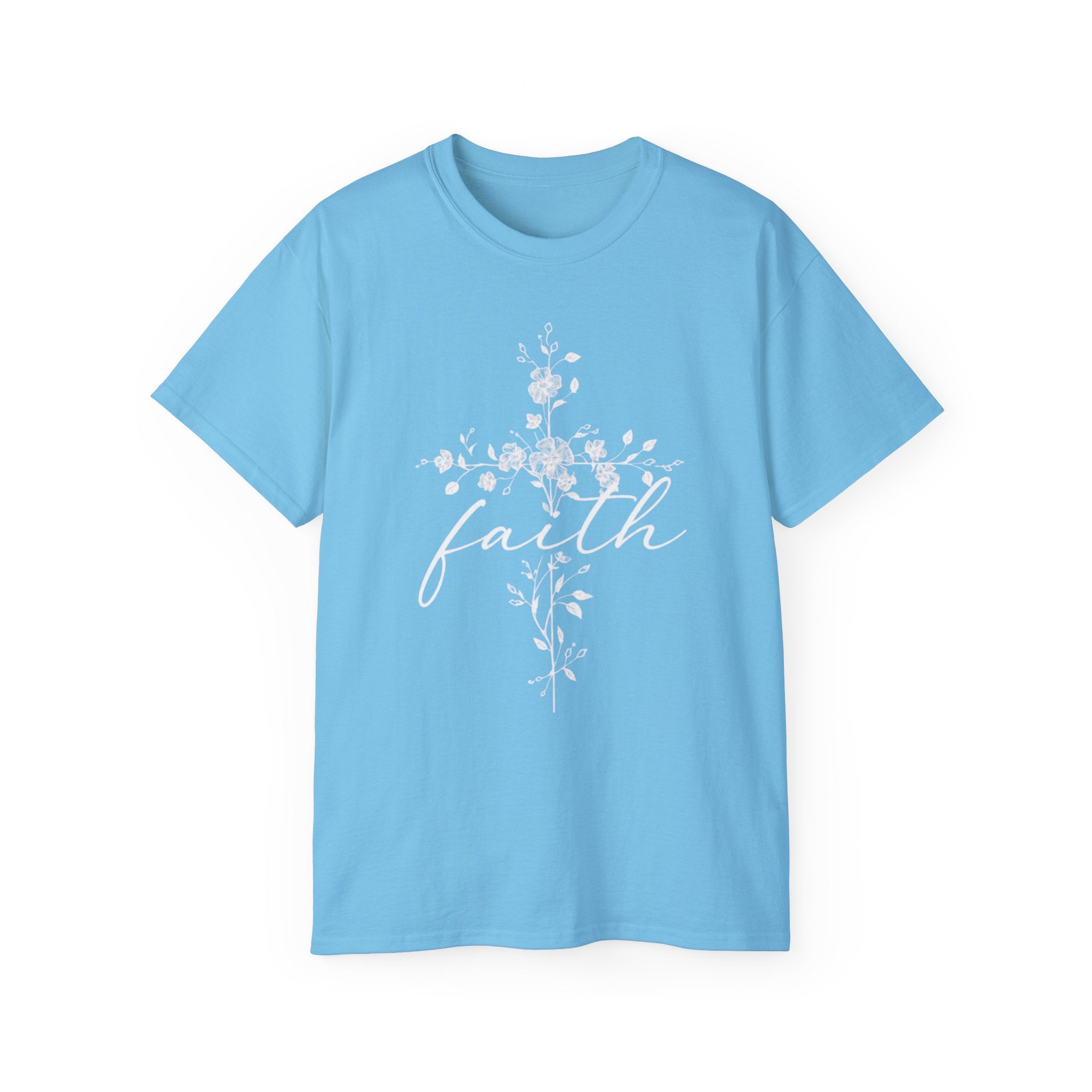 Faith Floral Cross T-Shirt for Women featuring a floral cross design on a light blue tee.