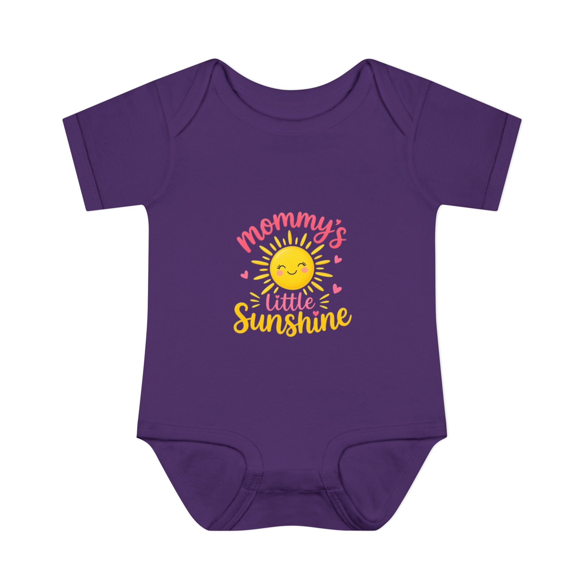 mommy's little sunshine bodysuit featuring a cheerful sun design on a purple background.