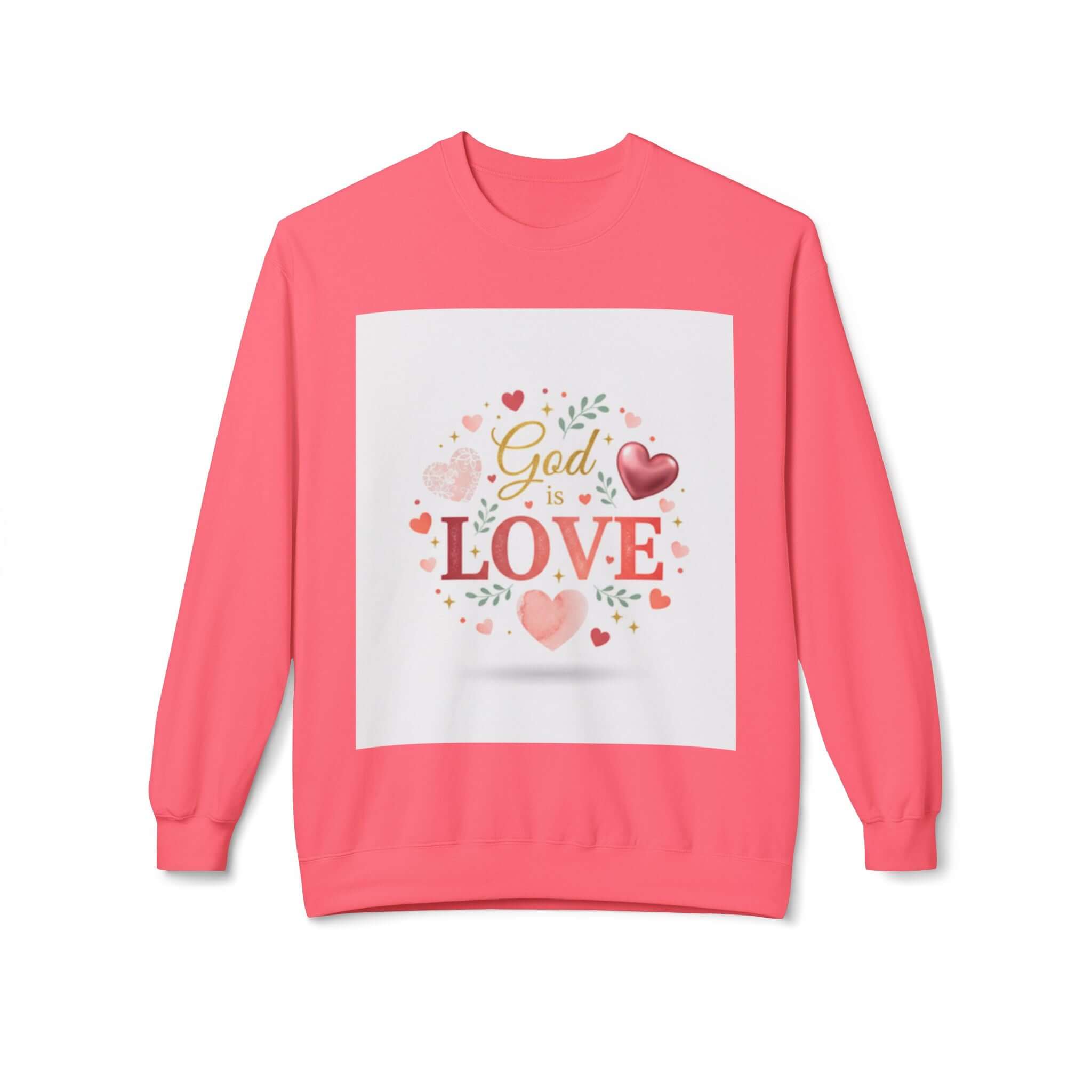 christian sweatshirt featuring a design with 'God is Love' surrounded by hearts on a pink crewneck