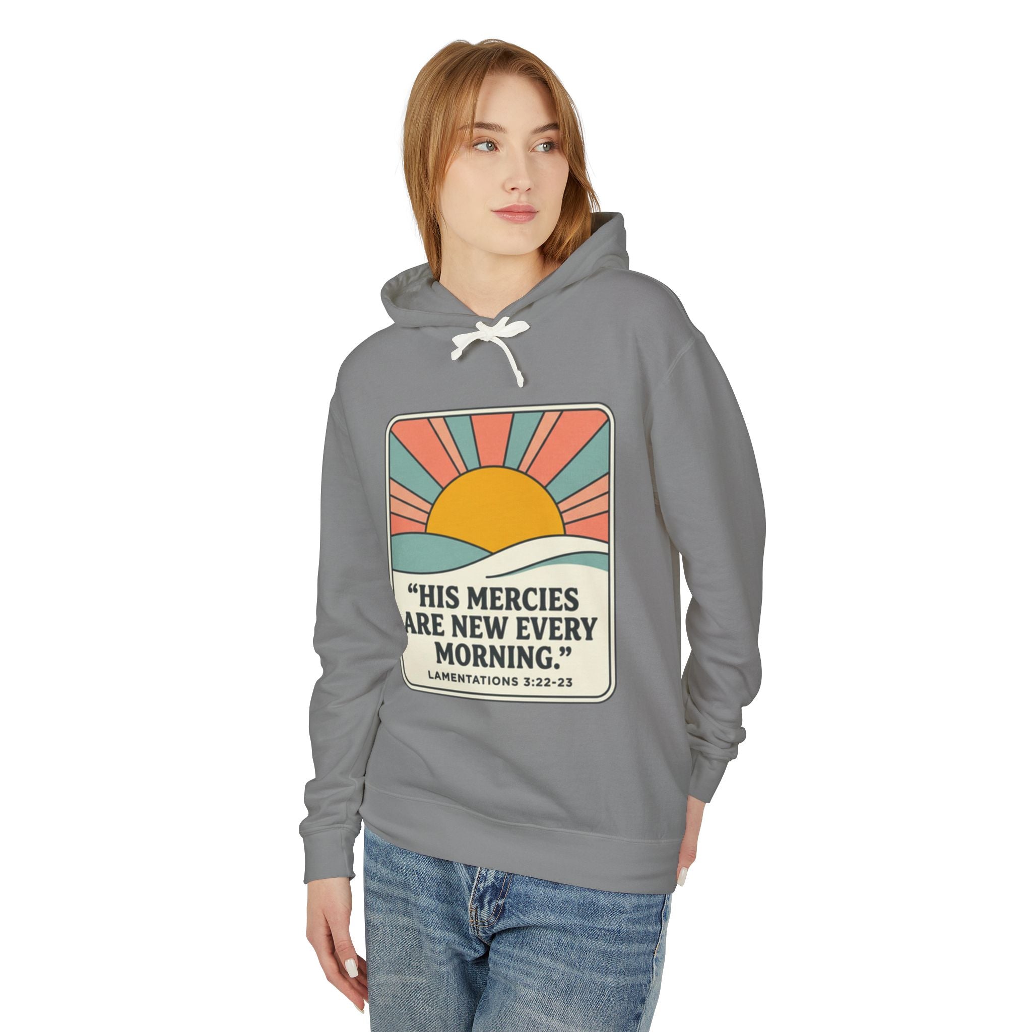 Christian Hooded Sweatshirt with sunrise design and inspirational scripture text.