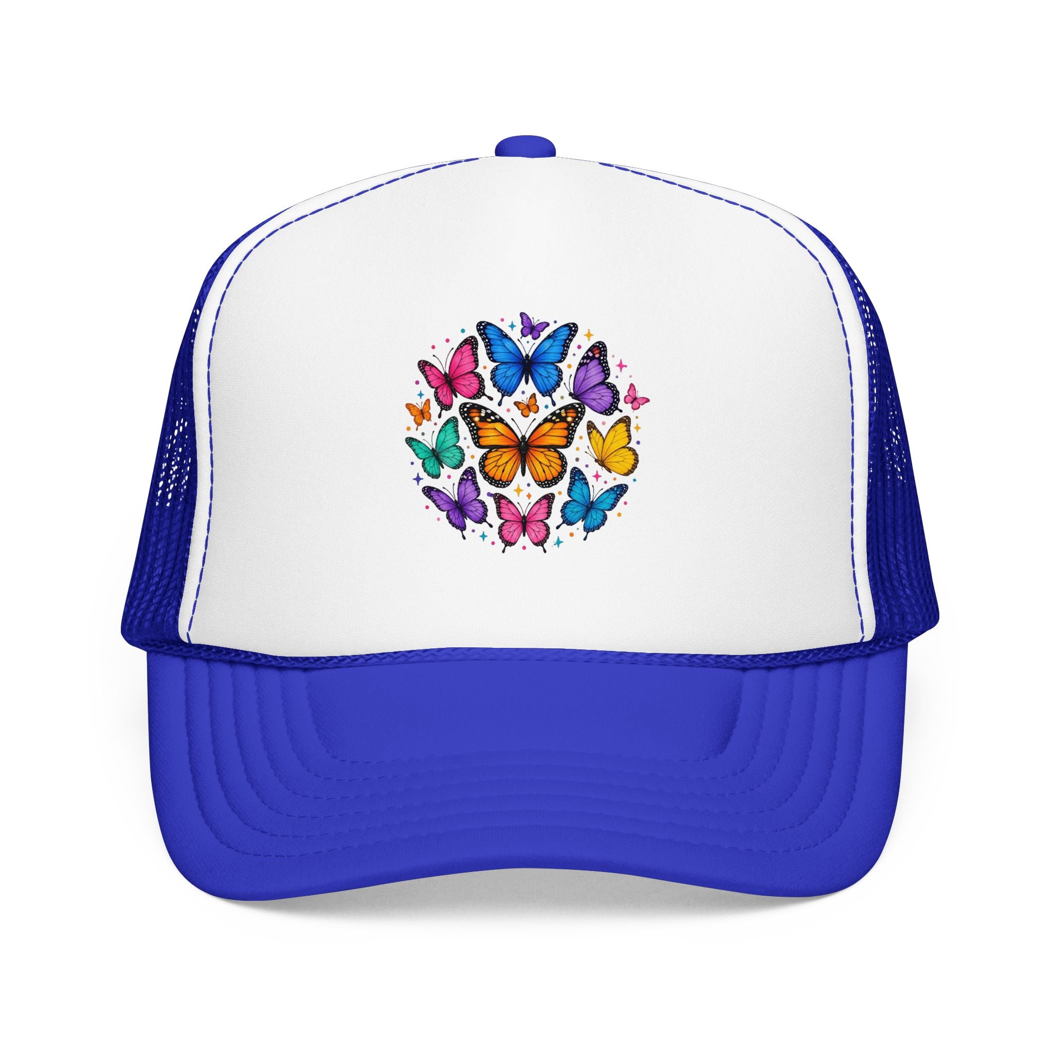 Butterfly Circle Trucker Hat featuring colorful rainbow butterflies in a circular design on a foam cap.