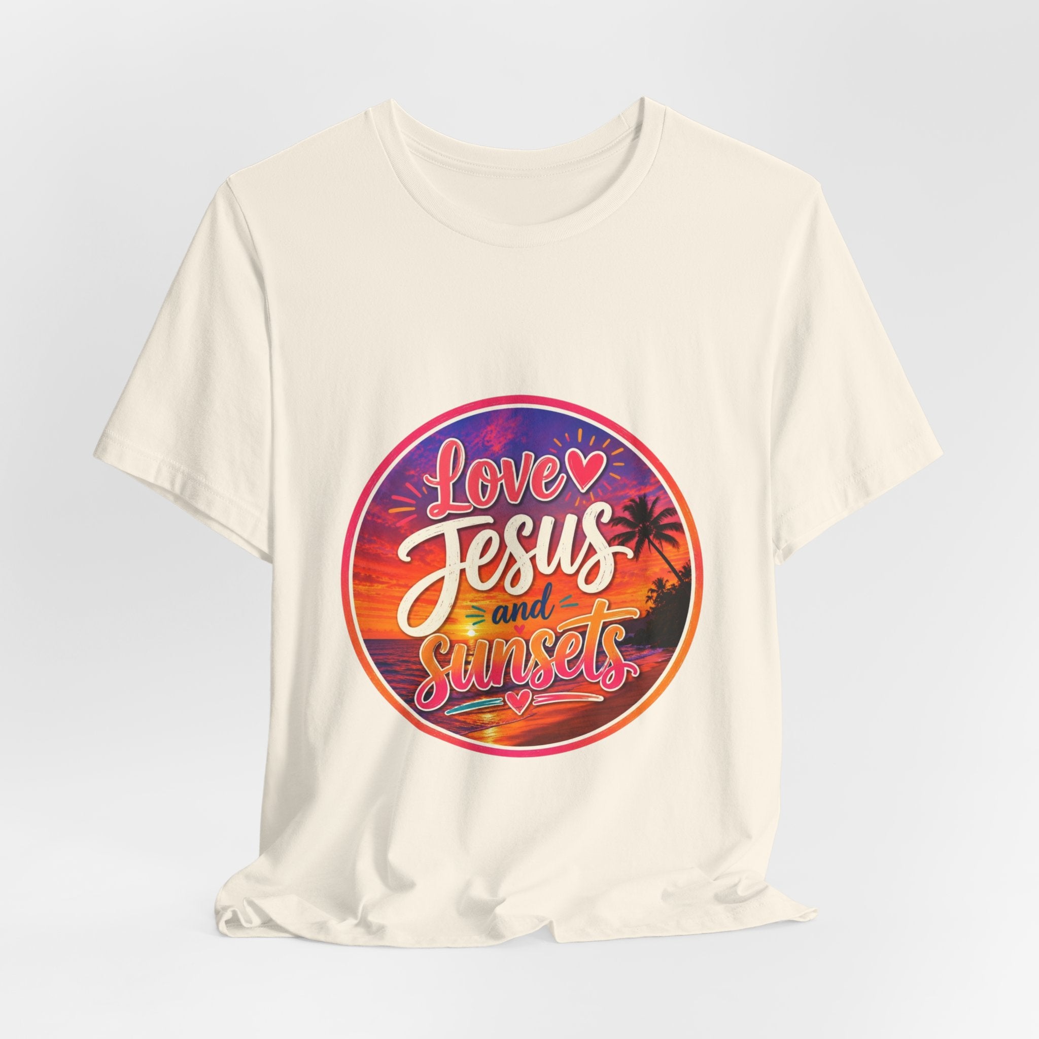 Christian Faith Palm Tree Sunset T-Shirt featuring vibrant print 'Love Jesus and Sunsets' on a soft, casual tee.