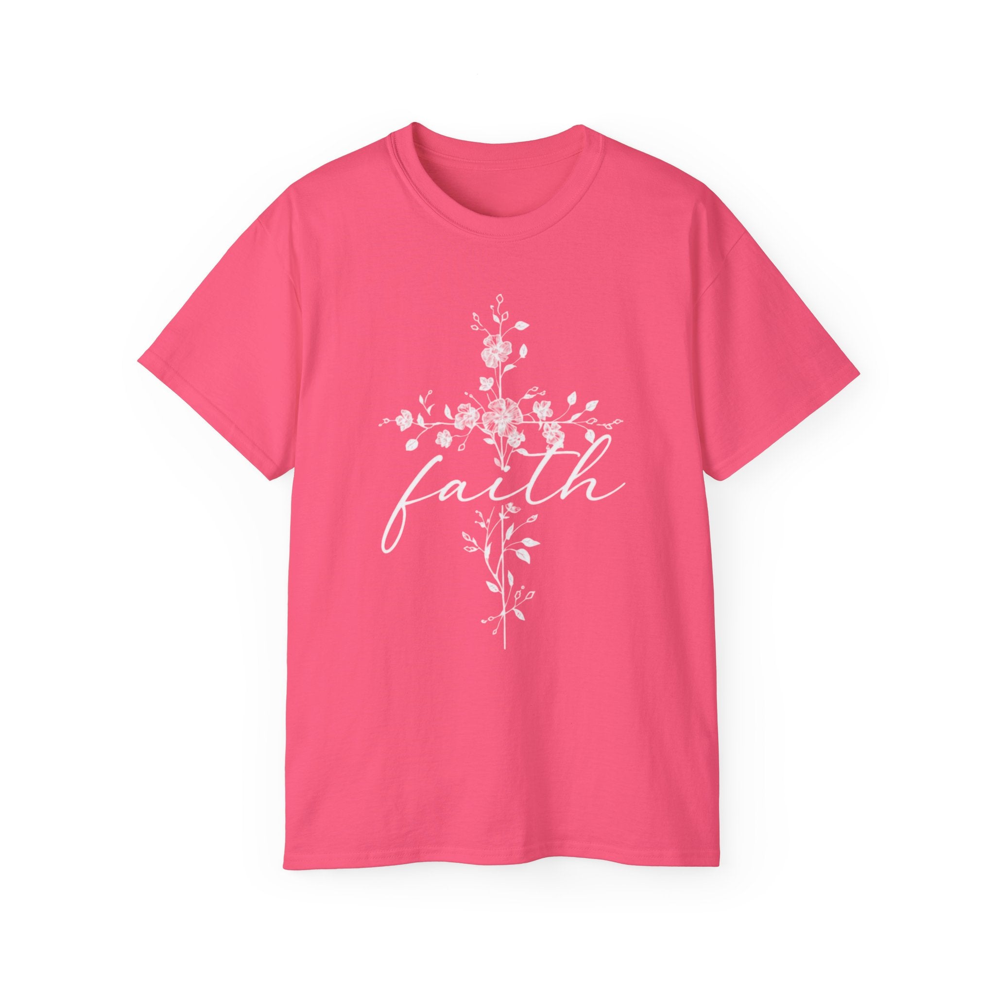 Faith Floral Cross T-Shirt for Women in pink with a floral cross design and the word faith.