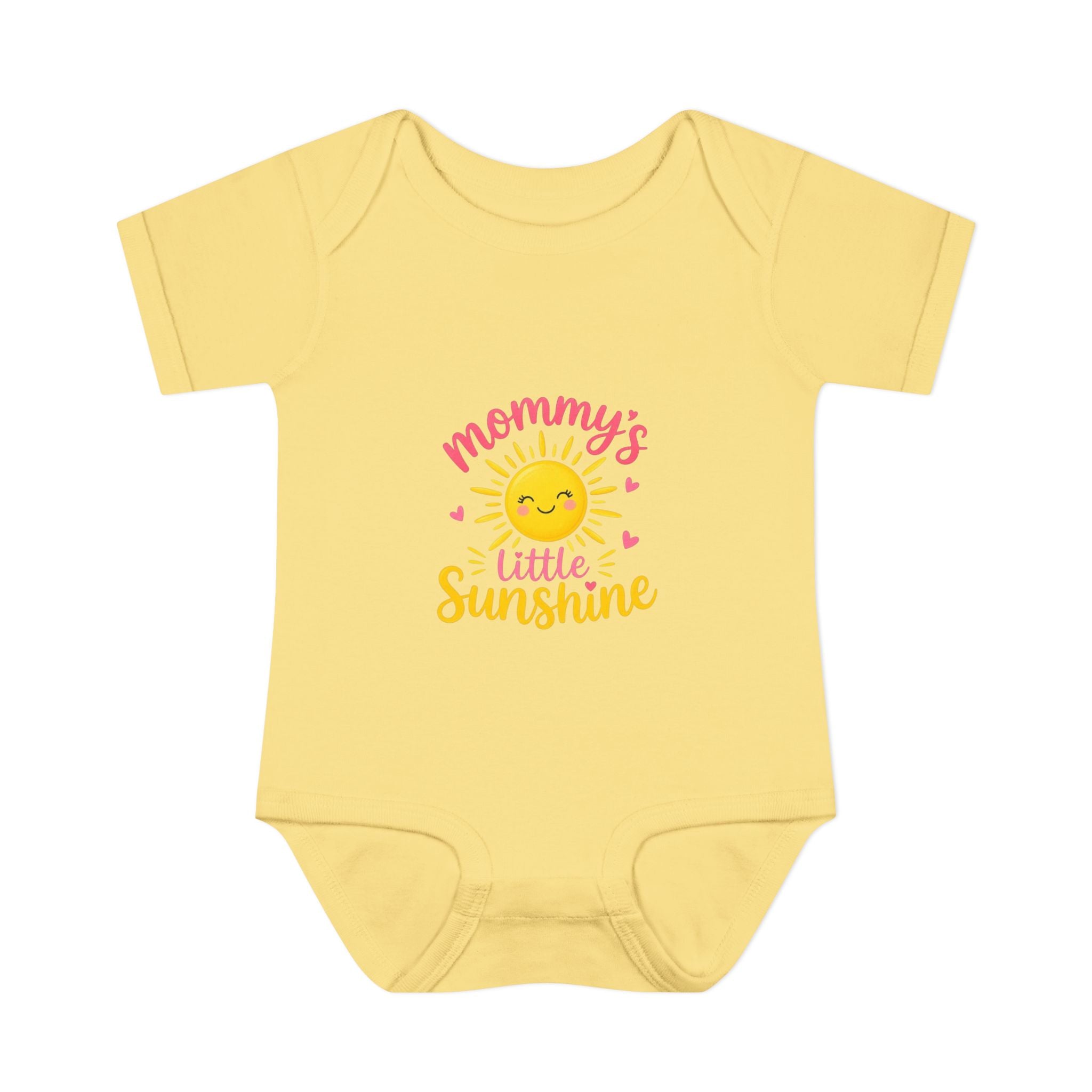 mommy's little sunshine bodysuit in soft yellow with cheerful sun design and playful text.