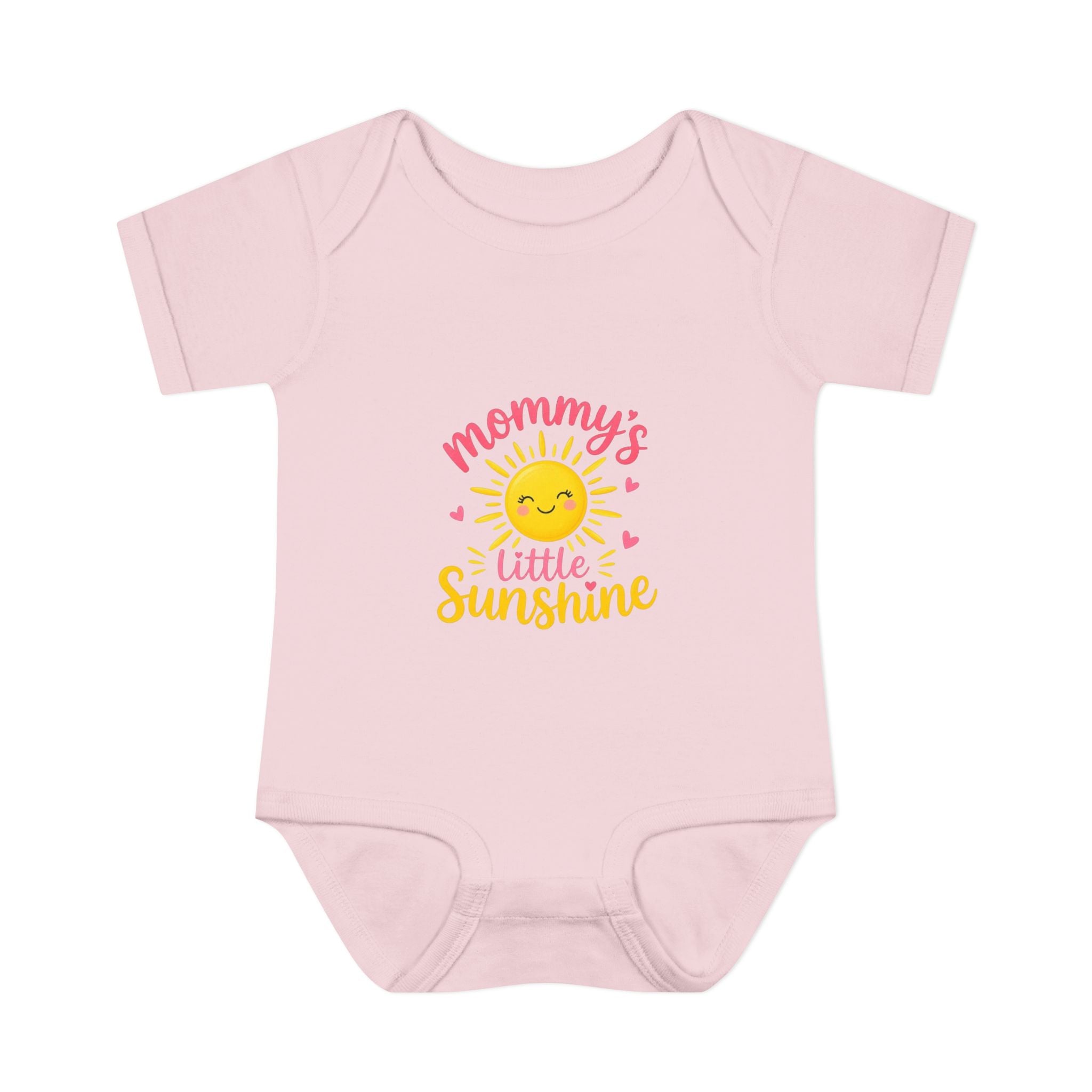 mommy's little sunshine bodysuit featuring a cheerful sun design on a pink infant bodysuit.