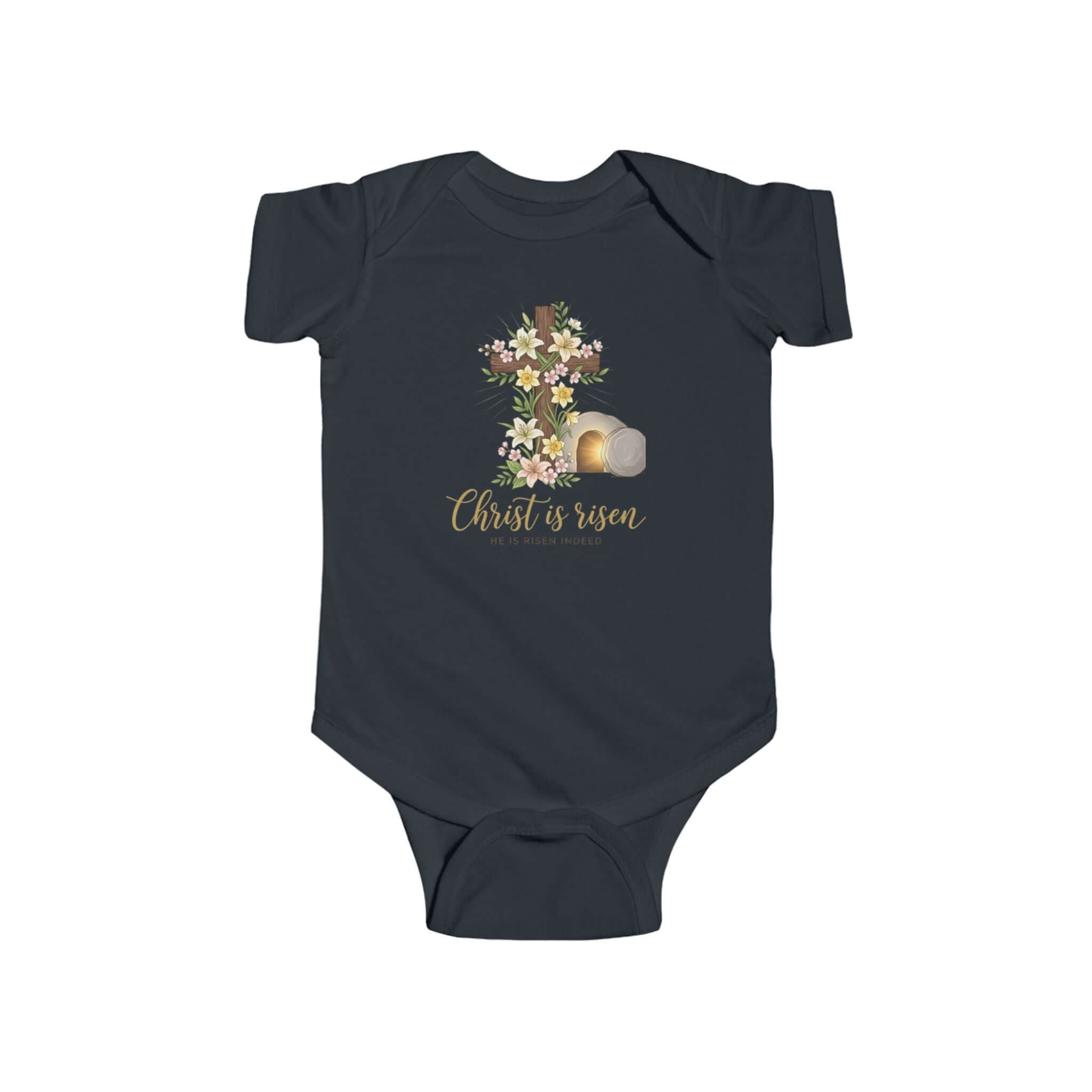 Infant apparel featuring "Christ is risen" design with floral cross and empty tomb on short-sleeve baby onesie.