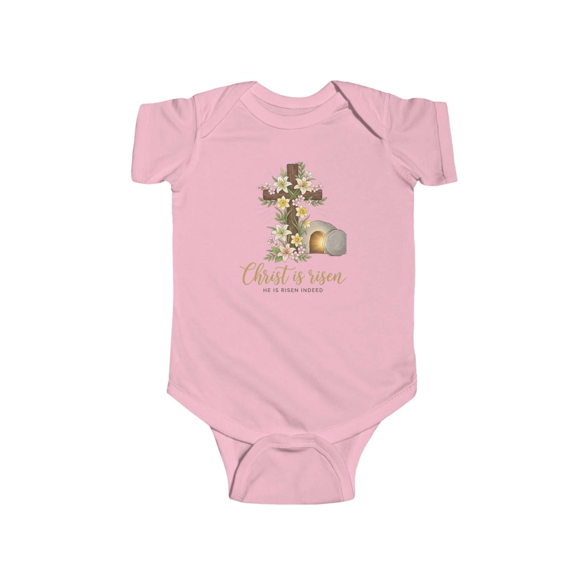 Infant apparel Pink a floral Easter design with a cross and the text 'Christ is risen' on a baby onesie.