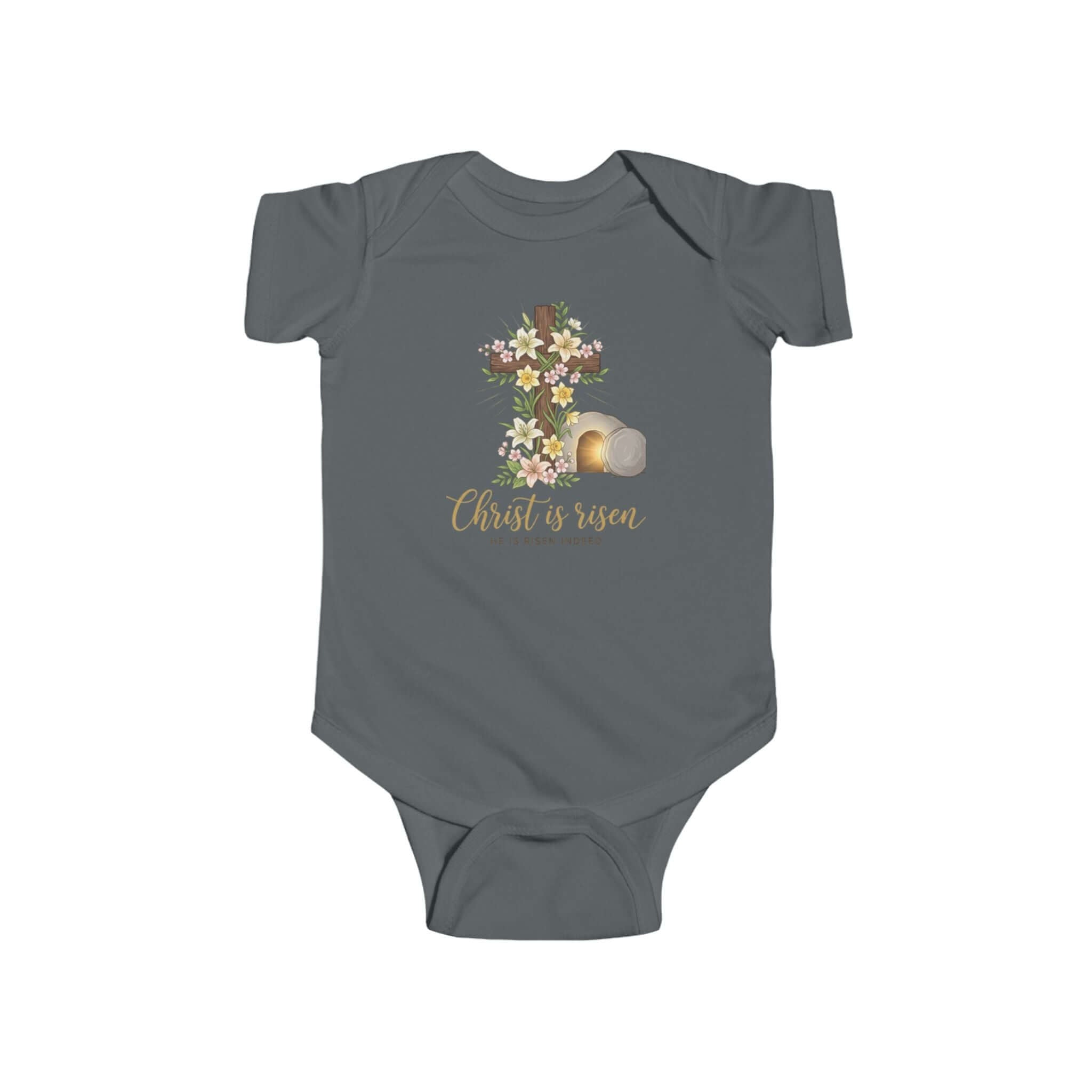 Infant apparel gray a floral Easter design with a cross and the text 'Christ is risen' on a baby onesie.