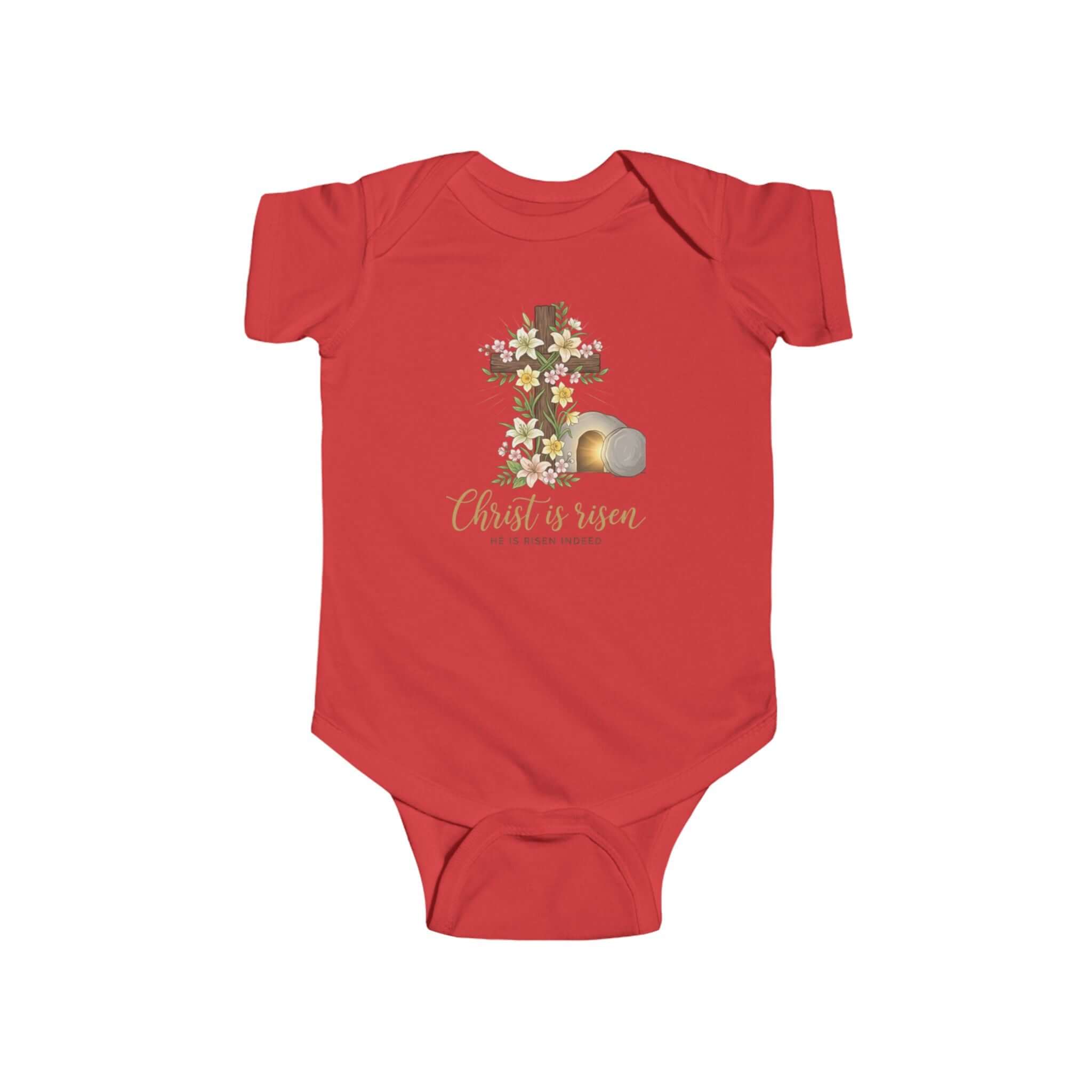 Infant apparel Denim Blue a Red design with a cross and the text 'Christ is risen' on a baby onesie.