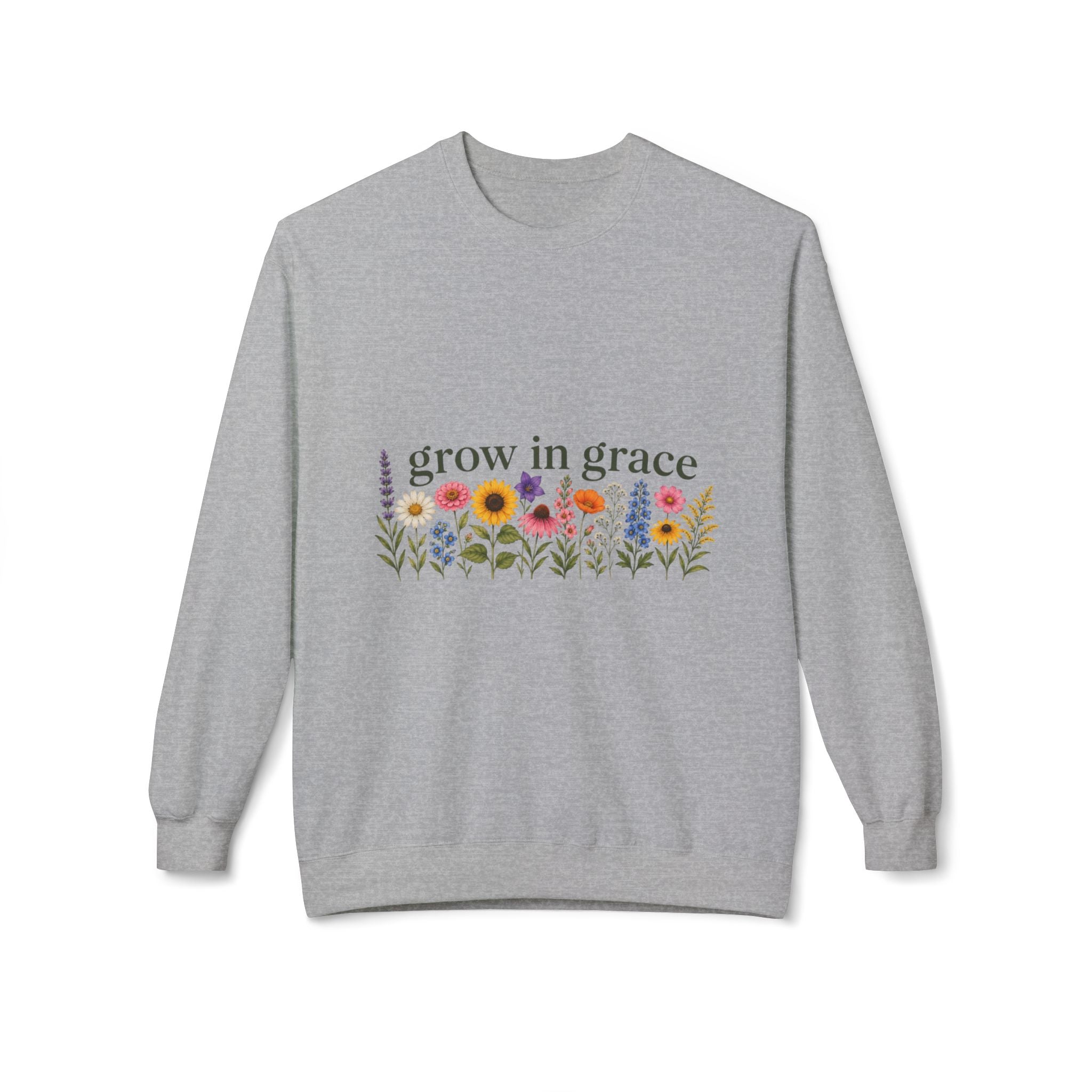 Grow In Grace Flowers Sweatshirt with floral design on a gray crewneck pullover.