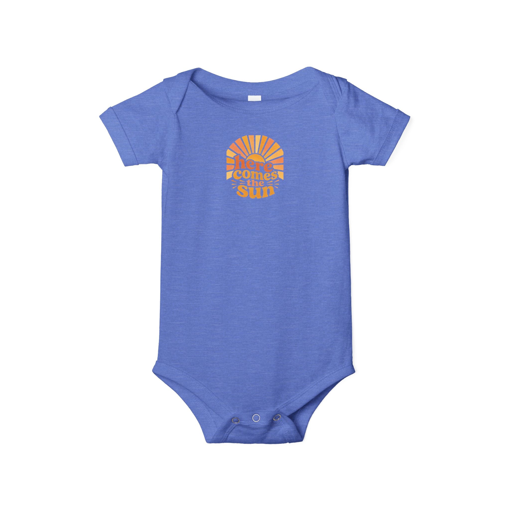 Cute Baby Bodysuit in blue with 'Here Comes The Sun' design for infants and newborns.