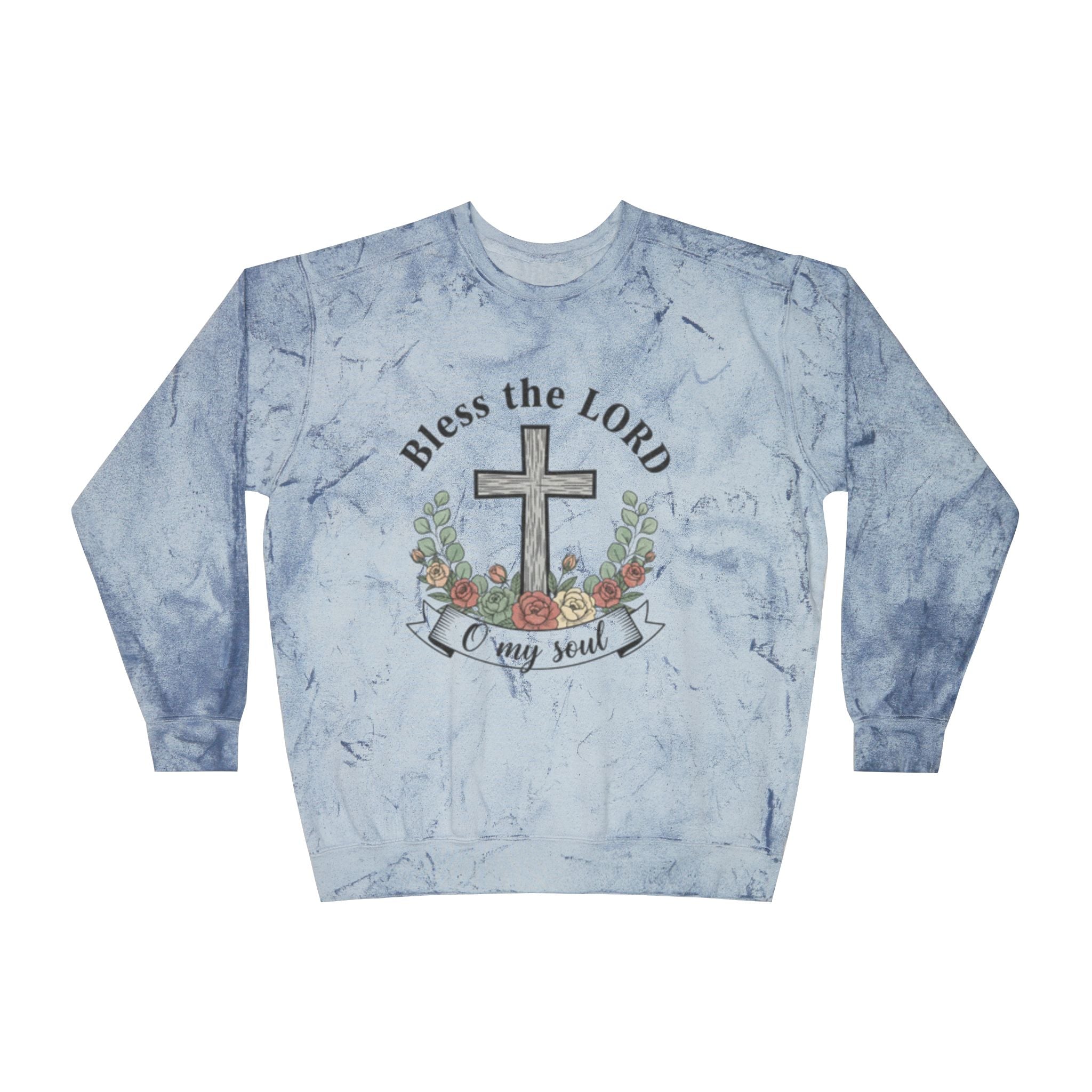 Christian sweatshirt Pullover featuring 'Bless the Lord O my soul' and Easter cross design on a blue background.
