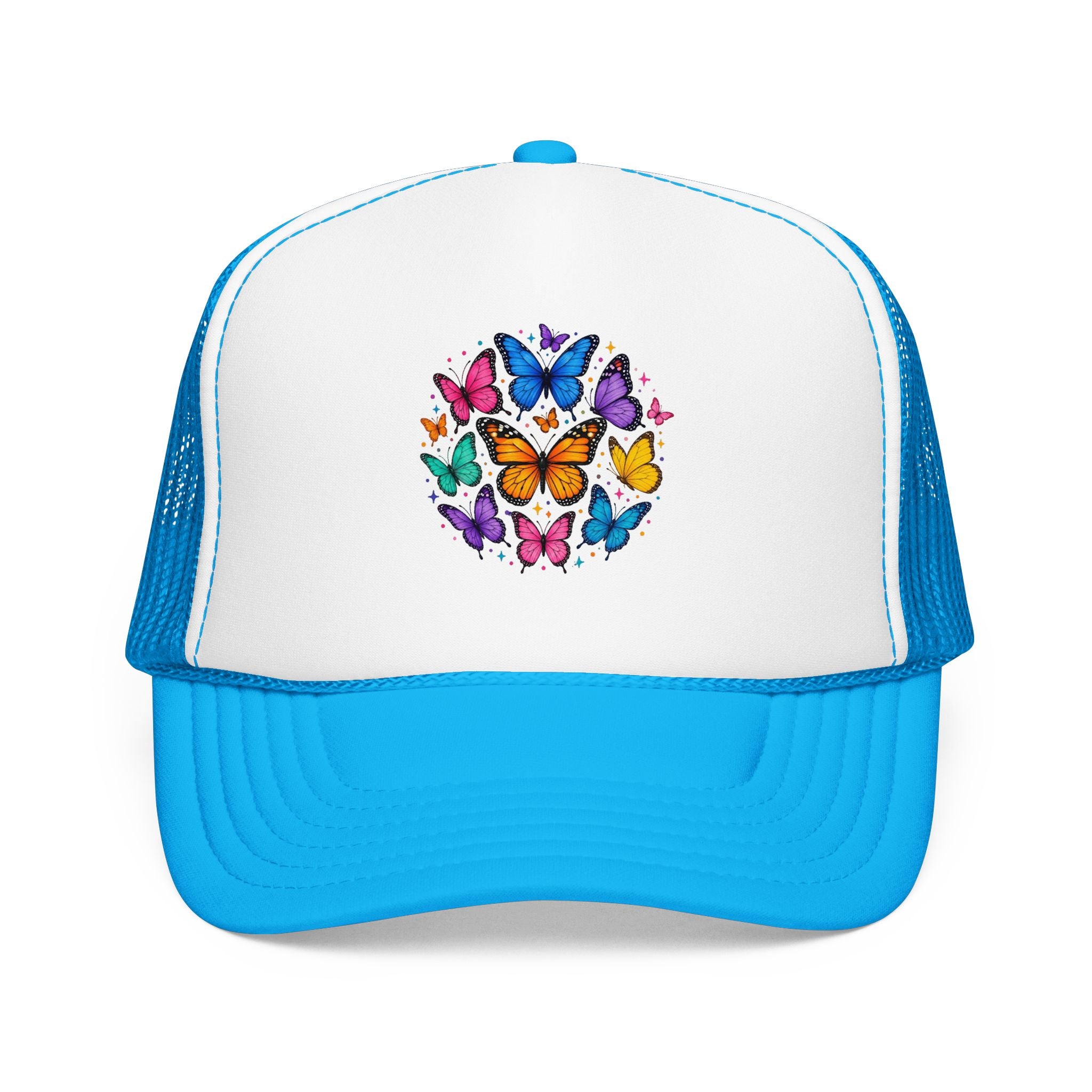 Butterfly Circle Trucker Hat featuring colorful rainbow butterflies on a structured foam cap with a blue mesh back.