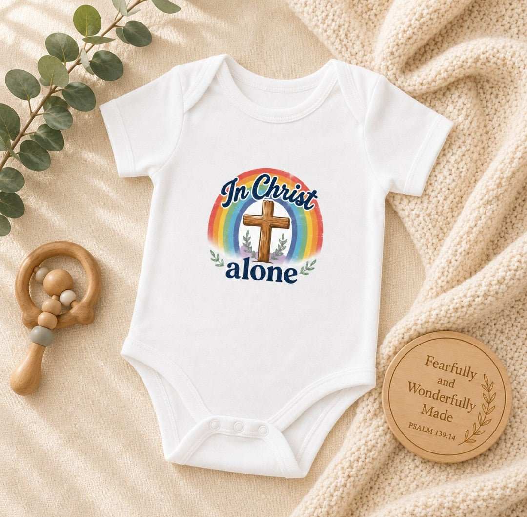 Infant bodysuit with In Christ Alone cross rainbow design