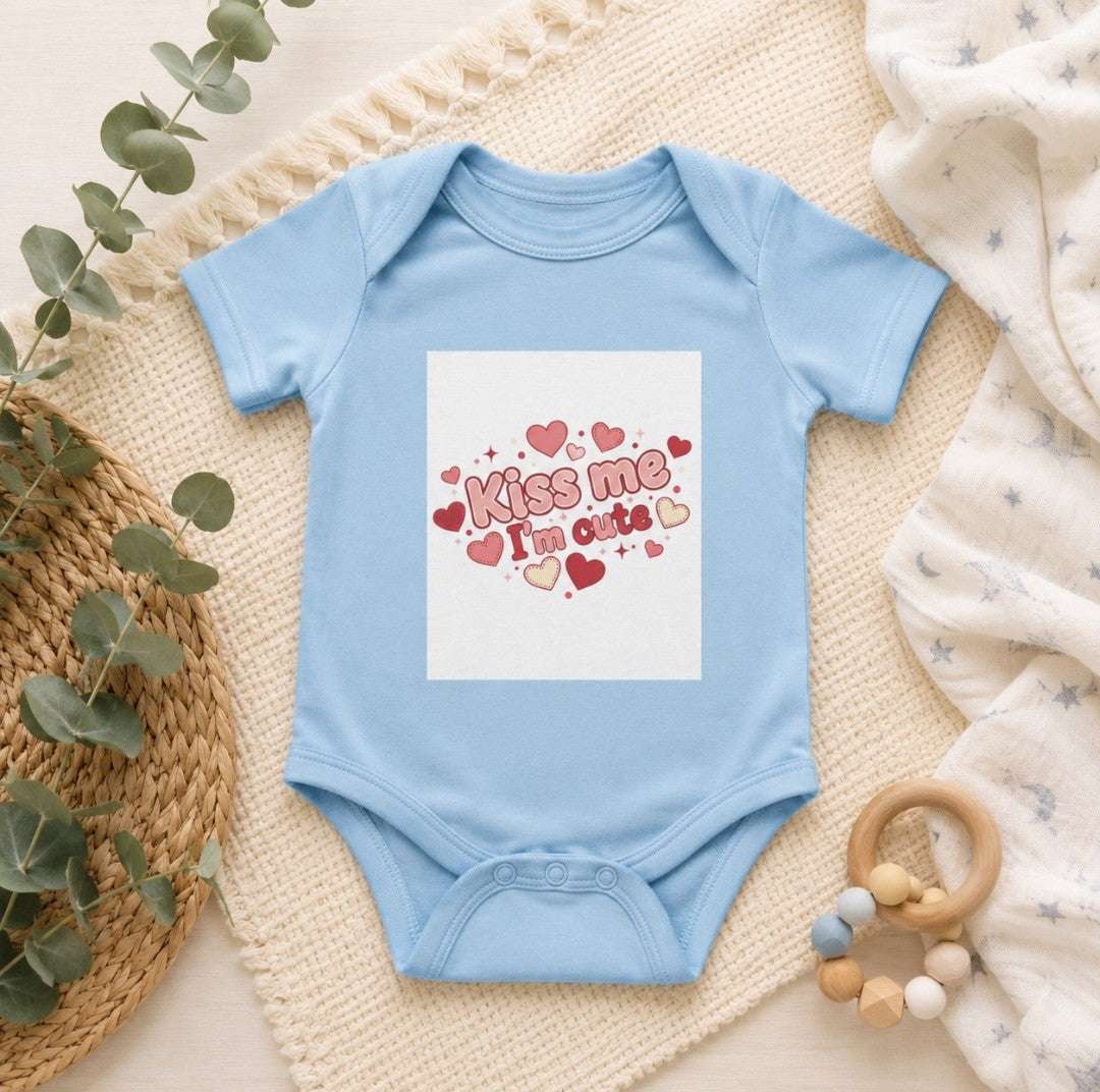 Infant bodysuit with kiss me cute print soft cotton fabric