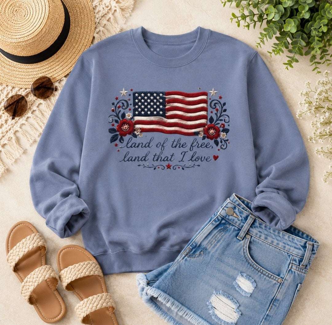 Patriotic Crewneck Sweatshirt — "Land of the Free, Land That I Love" Flag Design - faithcovenant