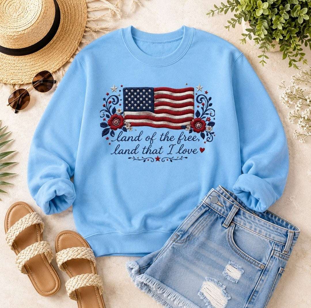 Patriotic Crewneck Sweatshirt — "Land of the Free, Land That I Love" Flag Design - faithcovenant