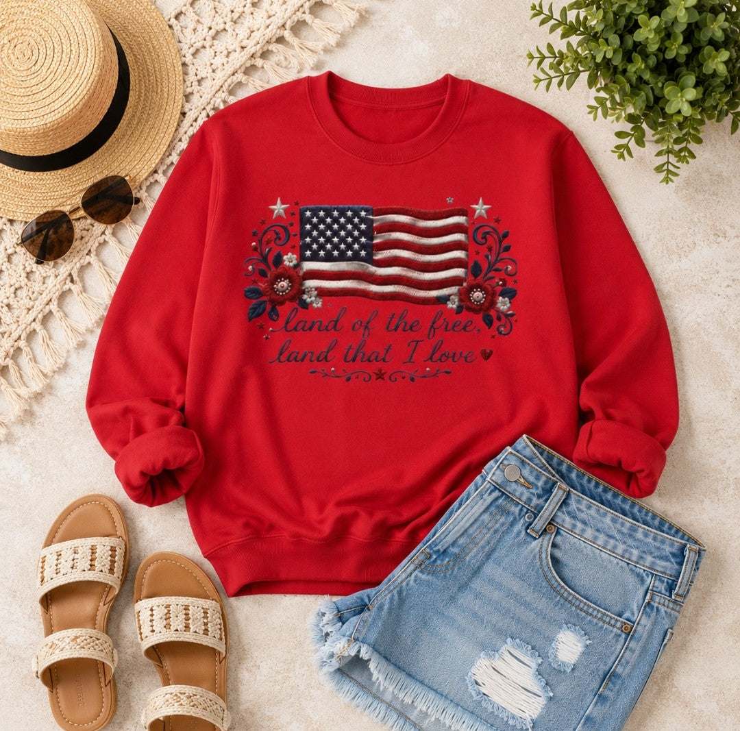 Patriotic Crewneck Sweatshirt — "Land of the Free, Land That I Love" Flag Design - faithcovenant