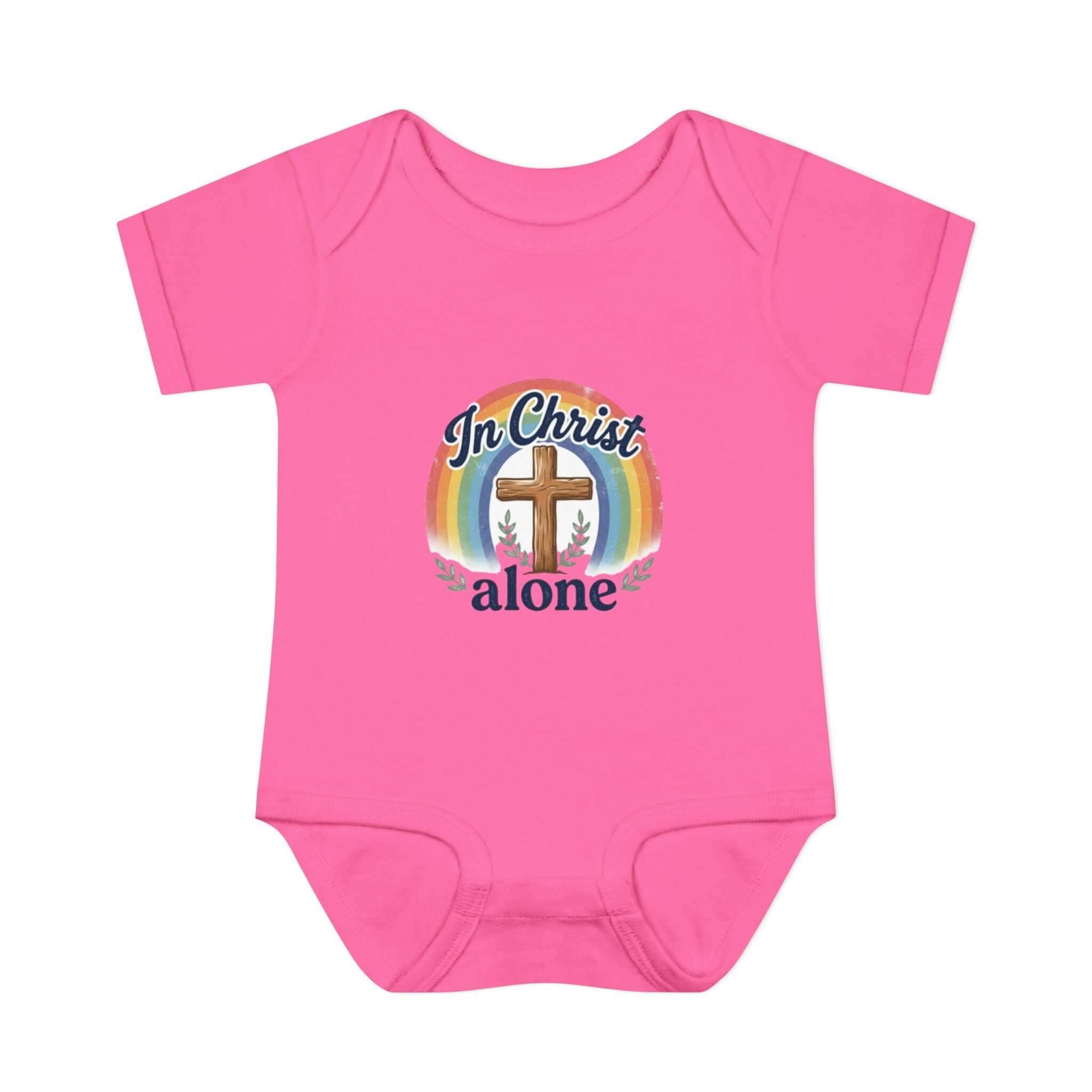 Infant Apparel pink "In Christ Alone" Cross Rainbow Christian Baby Onesie