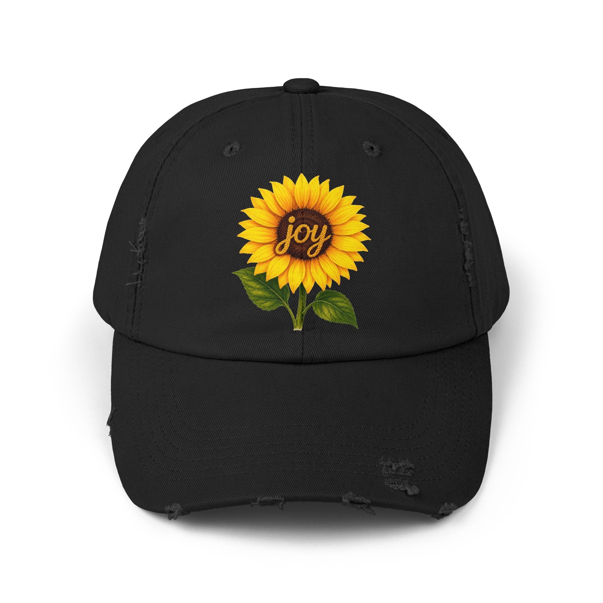 Sunflower Joy Distressed Cap featuring a hand-painted sunflower with 'joy' on a black cotton cap.