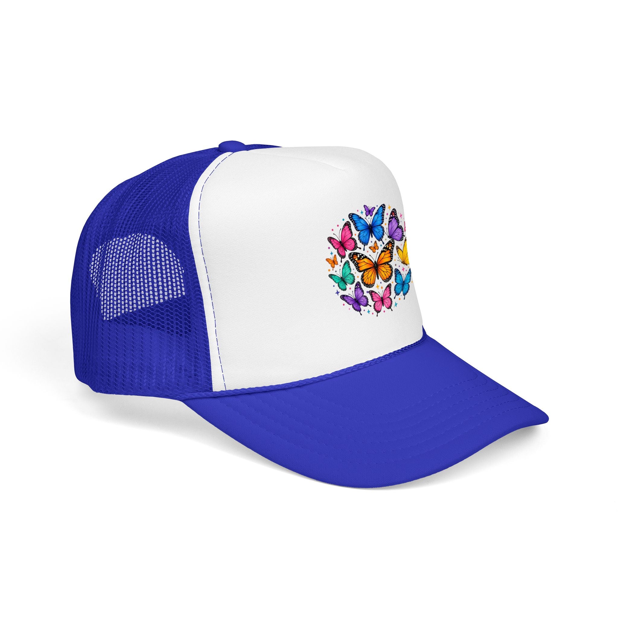 Butterfly Circle Trucker Hat – Colorful rainbow butterflies on a foam cap with blue mesh back.