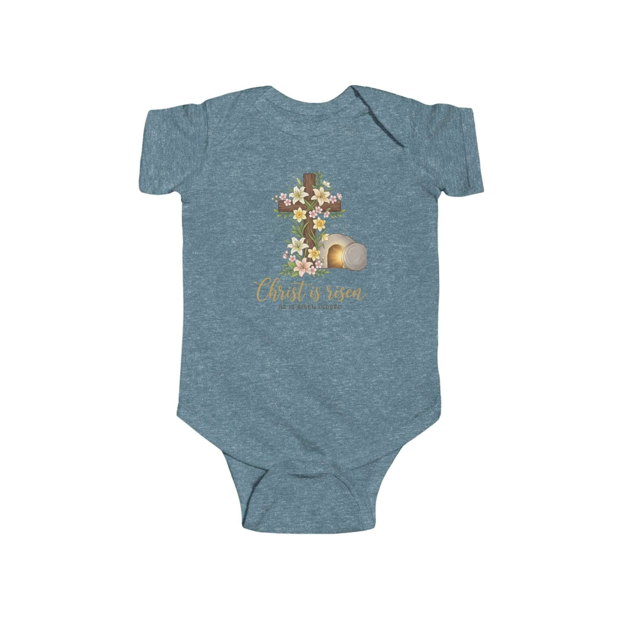 Infant apparel  Denim Blue   a floral Easter design with a cross and the text 'Christ is risen' on a baby onesie.