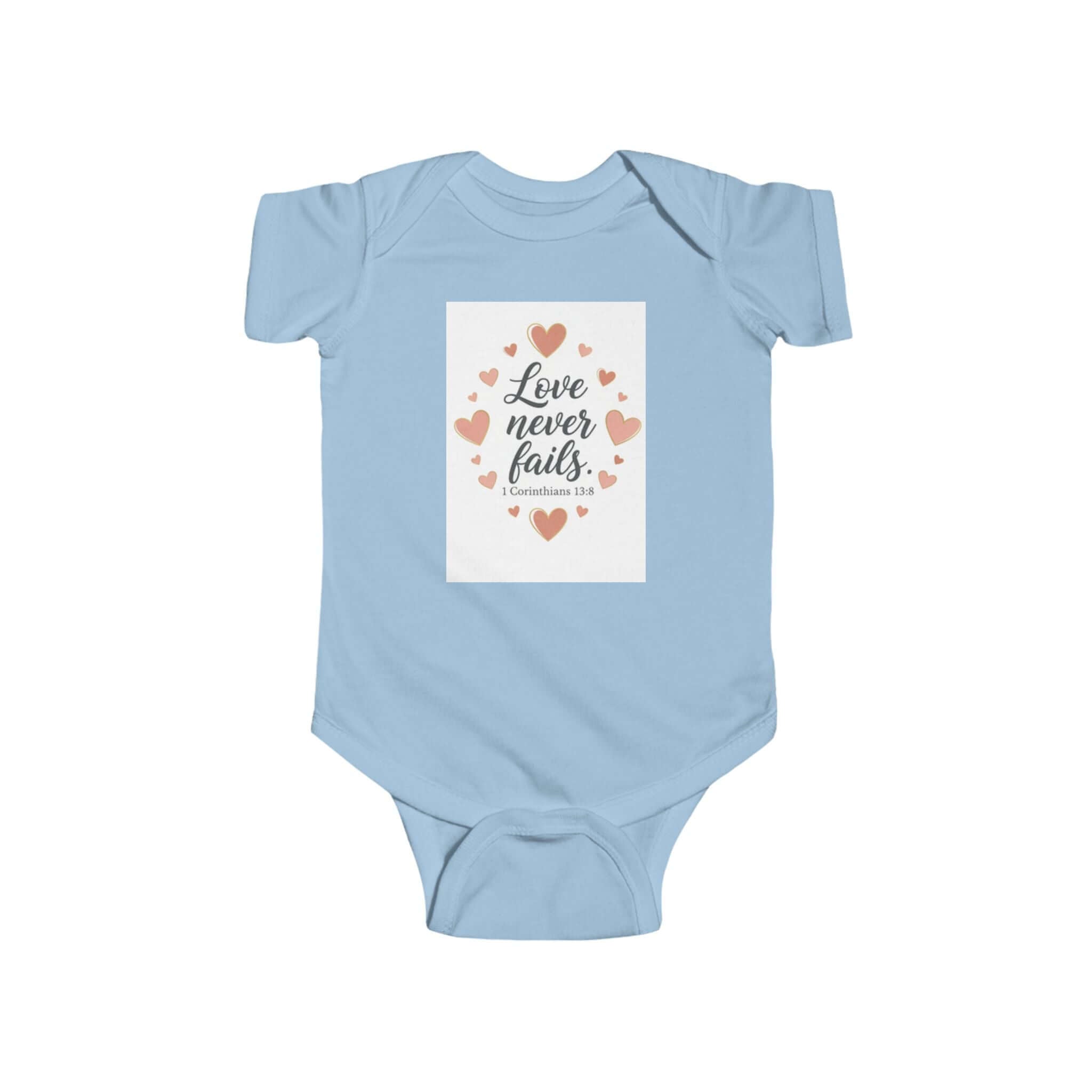Infant Apparel  blue baby Onesie with Inspirational Christian Message