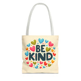 "Be Kind" Tote Bag - Colorful Heart Design, Motivational Accessory Printify
