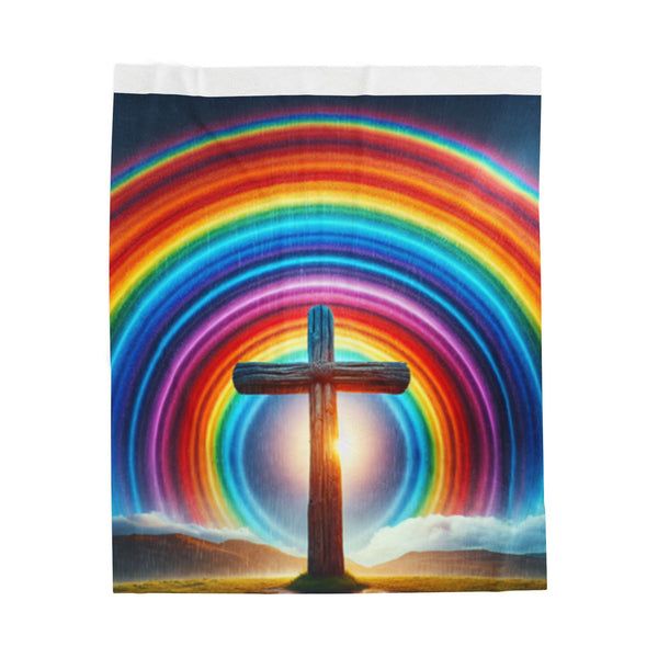 Rainbow Cross Velveteen Blanket, Colorful Throw, Faith Blanket