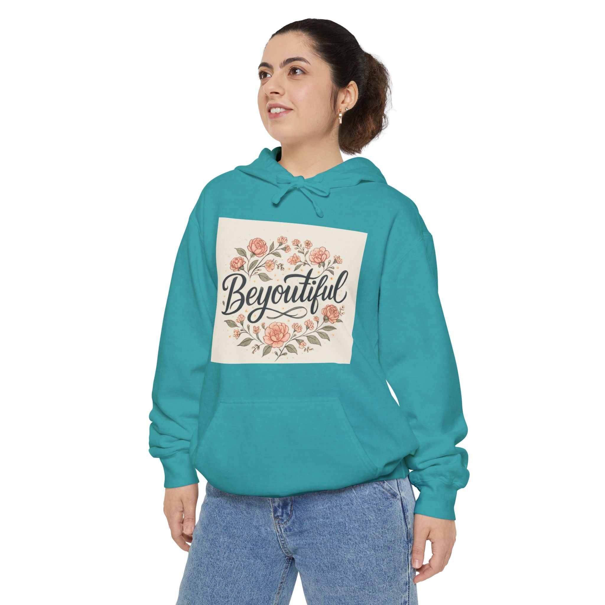 Beyoutiful Floral Hoodie, Comfortable Hoodie, Floral Design cyan