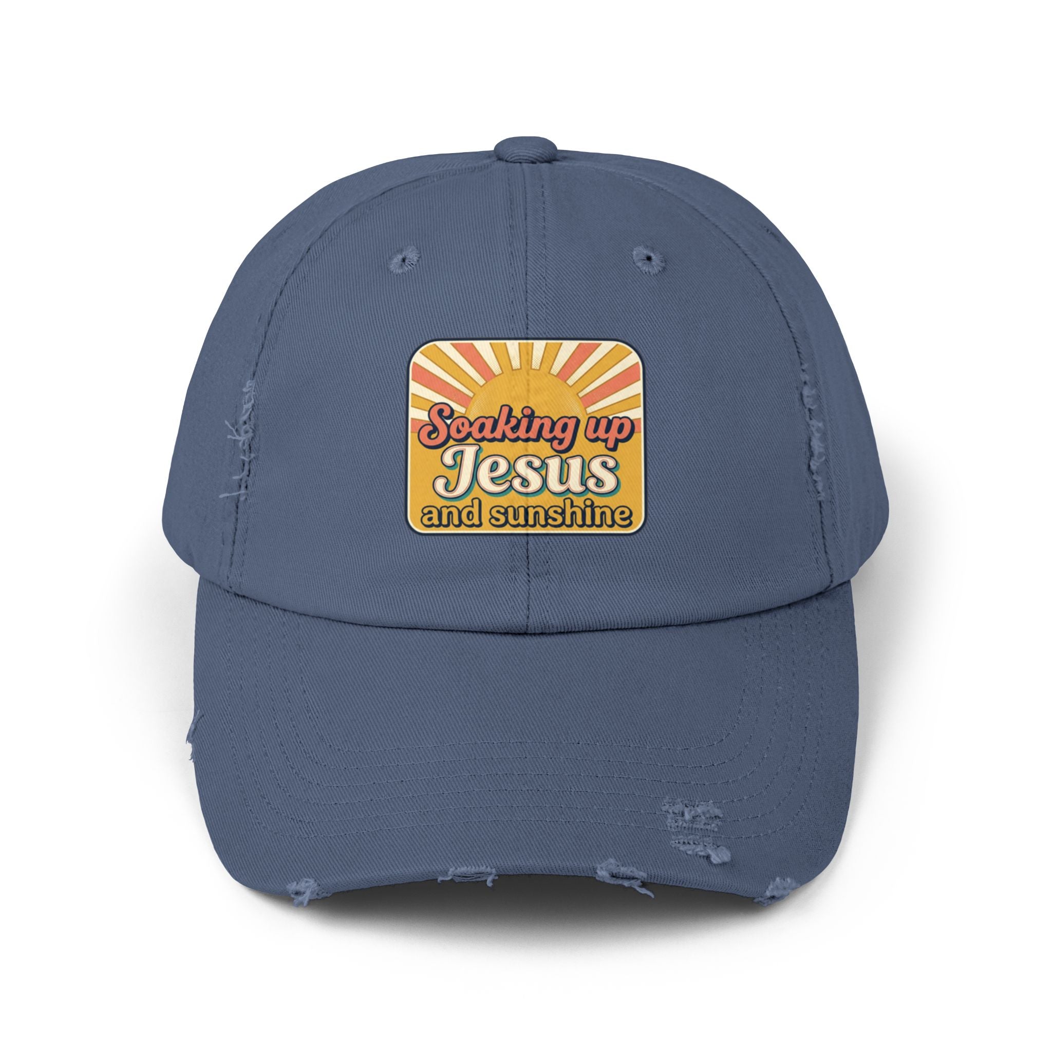 Distressed Baseball Cap — “Soaking Up Jesus and Sunshine” Retro Faith Hat