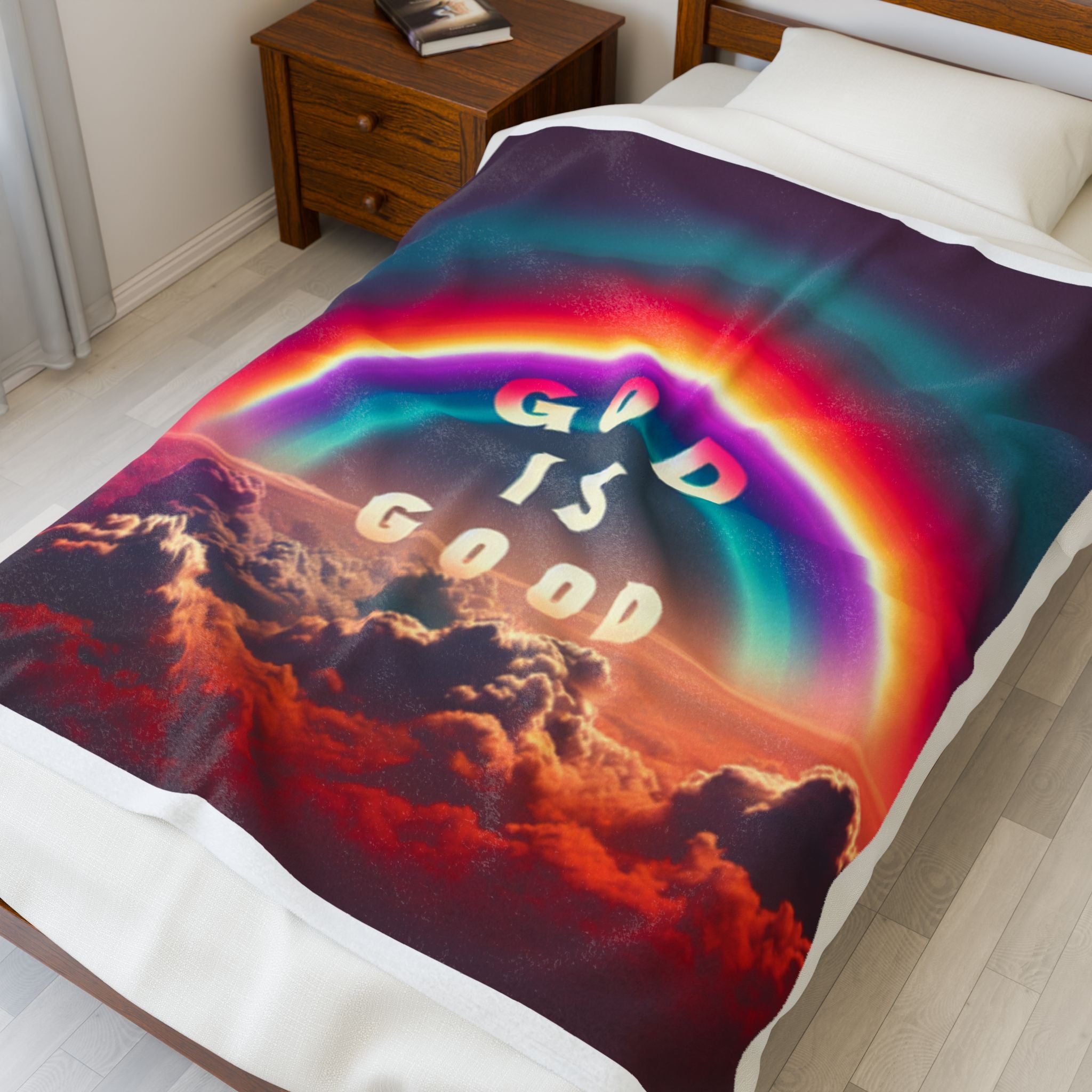 God is Good Rainbow Plush Blanket featuring a colorful rainbow design over clouds.