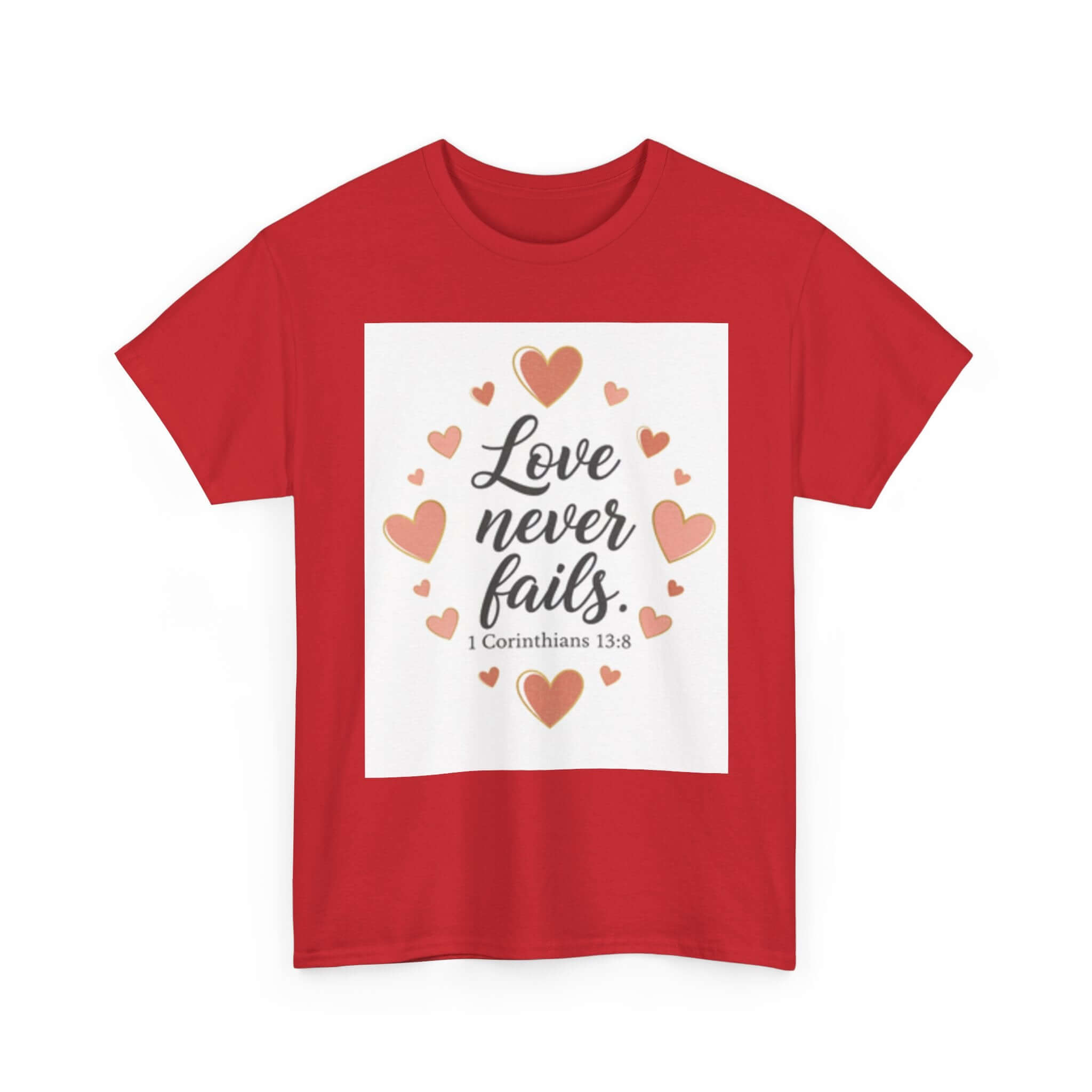 Love Never Fails Matching Mom + Baby Bundle red t-shirt featuring hearts and a biblical quote.