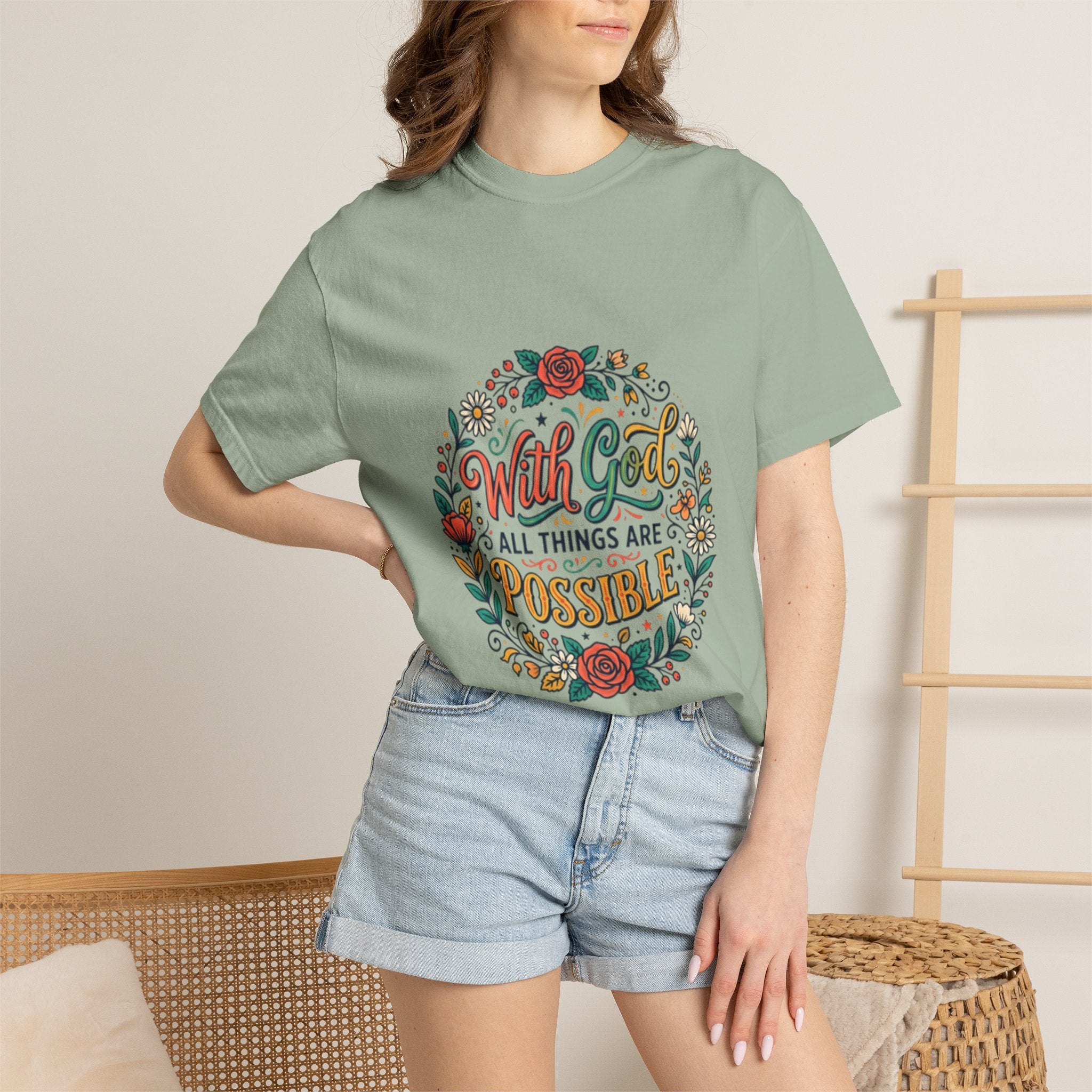 T-Shirt — "With God All Things Are Possible" Floral Faith Tee