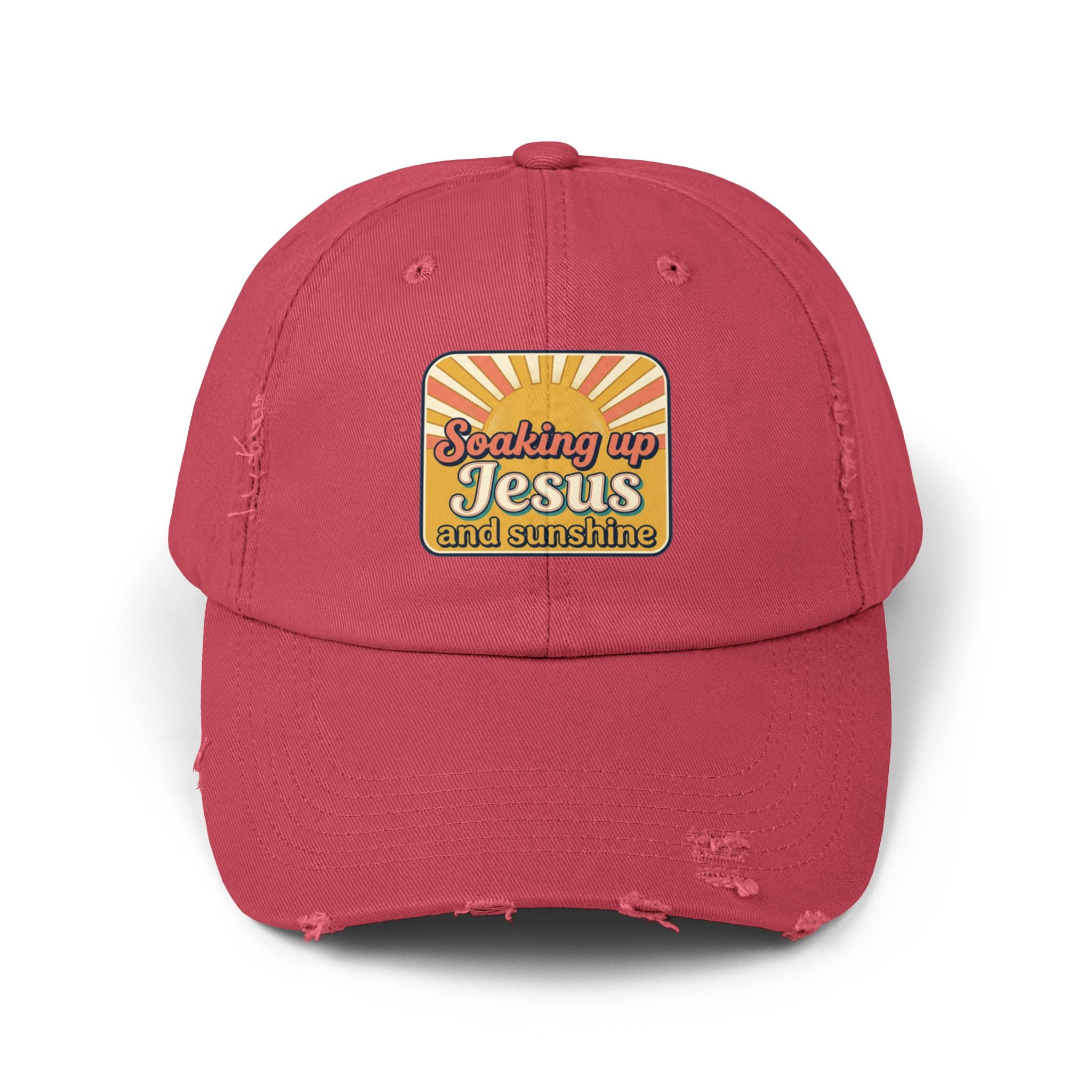 Distressed Baseball Cap — “Soaking Up Jesus and Sunshine” Retro Faith Hat