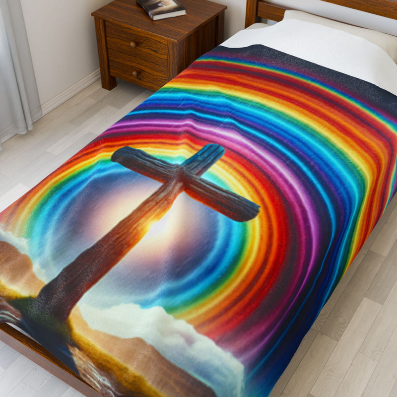 Rainbow Cross Velveteen Blanket, Colorful Throw, Faith Blanket
