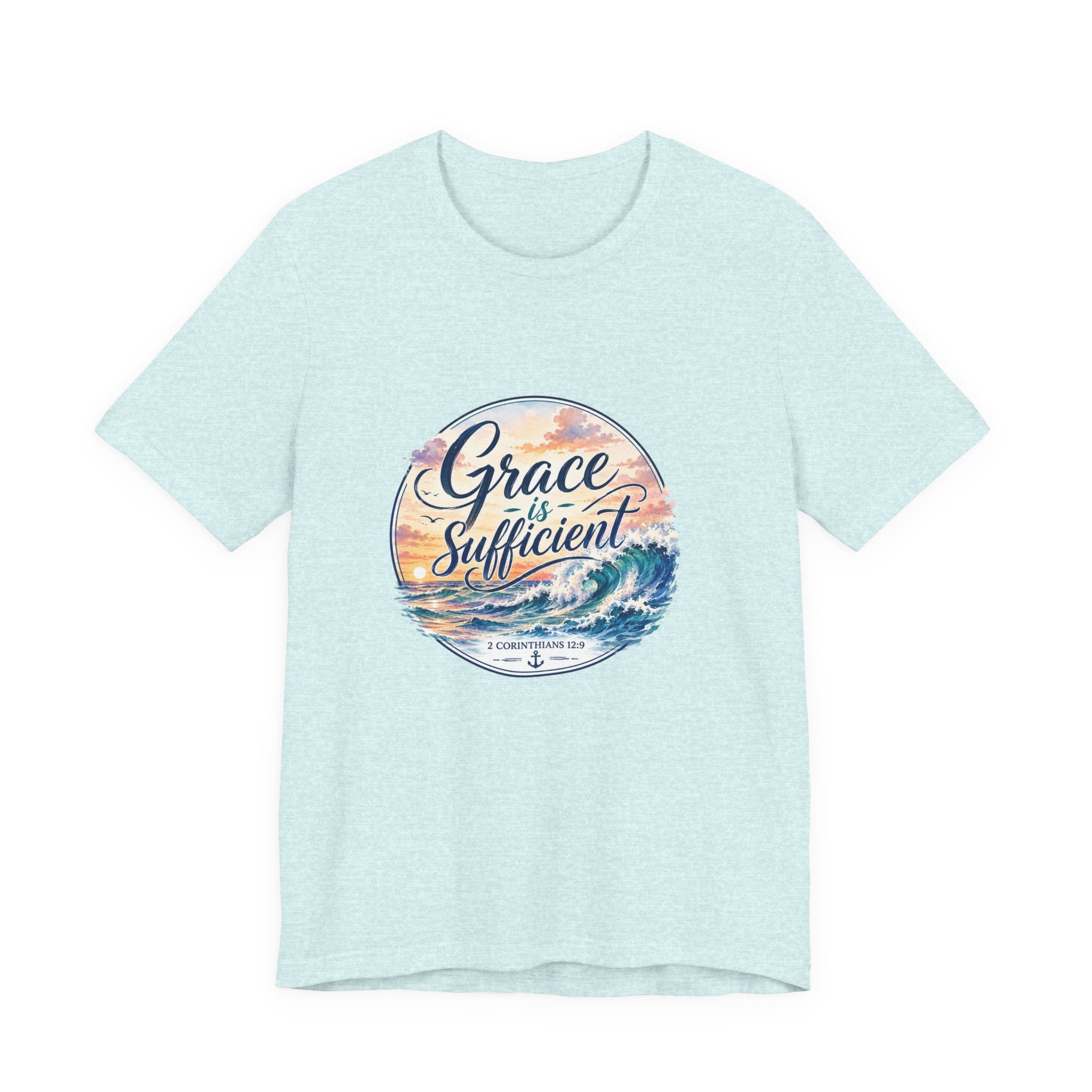 Grace Is Sufficient Tee with calming seaside design and pastel sunset colors on a soft cotton T-shirt.