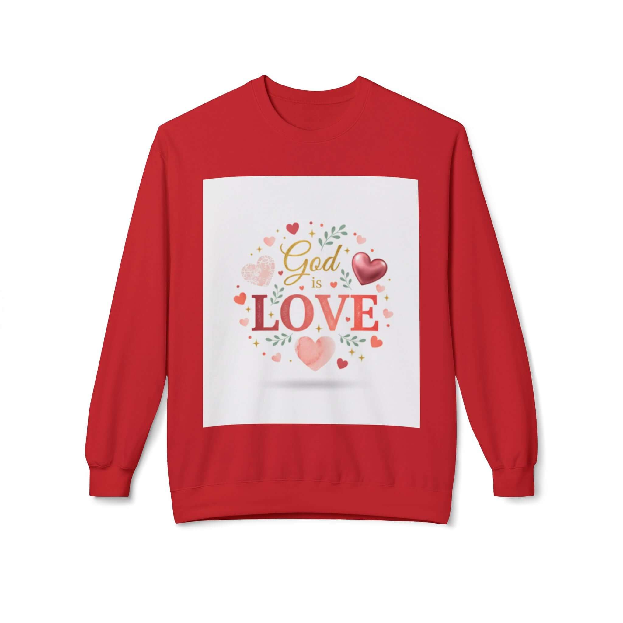christian sweatshirt featuring a design with 'God is Love' surrounded by hearts on a red crewneck