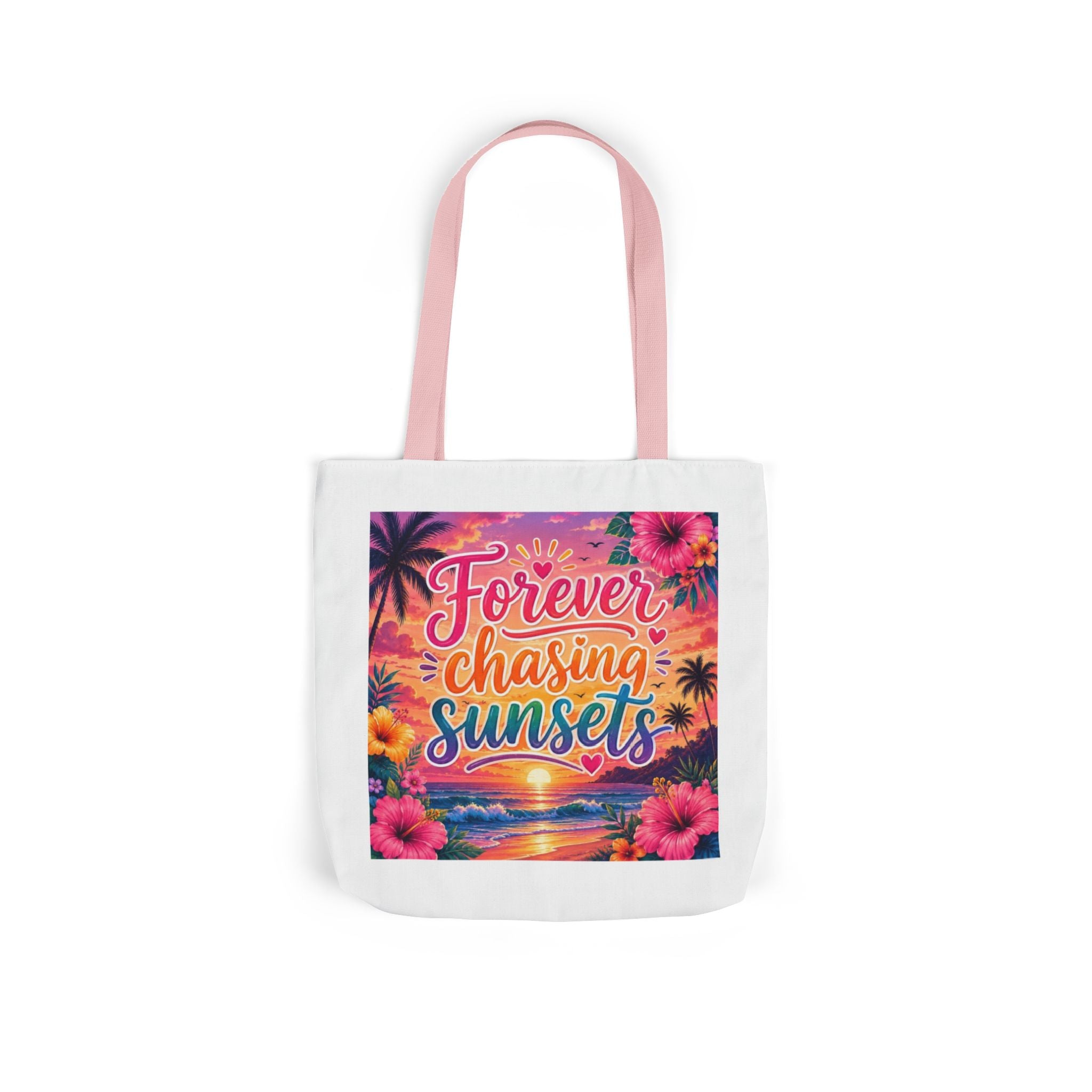 Forever Chasing Sunsets Canvas Tote — Beach Sunset Tote Bag with Colorful Straps